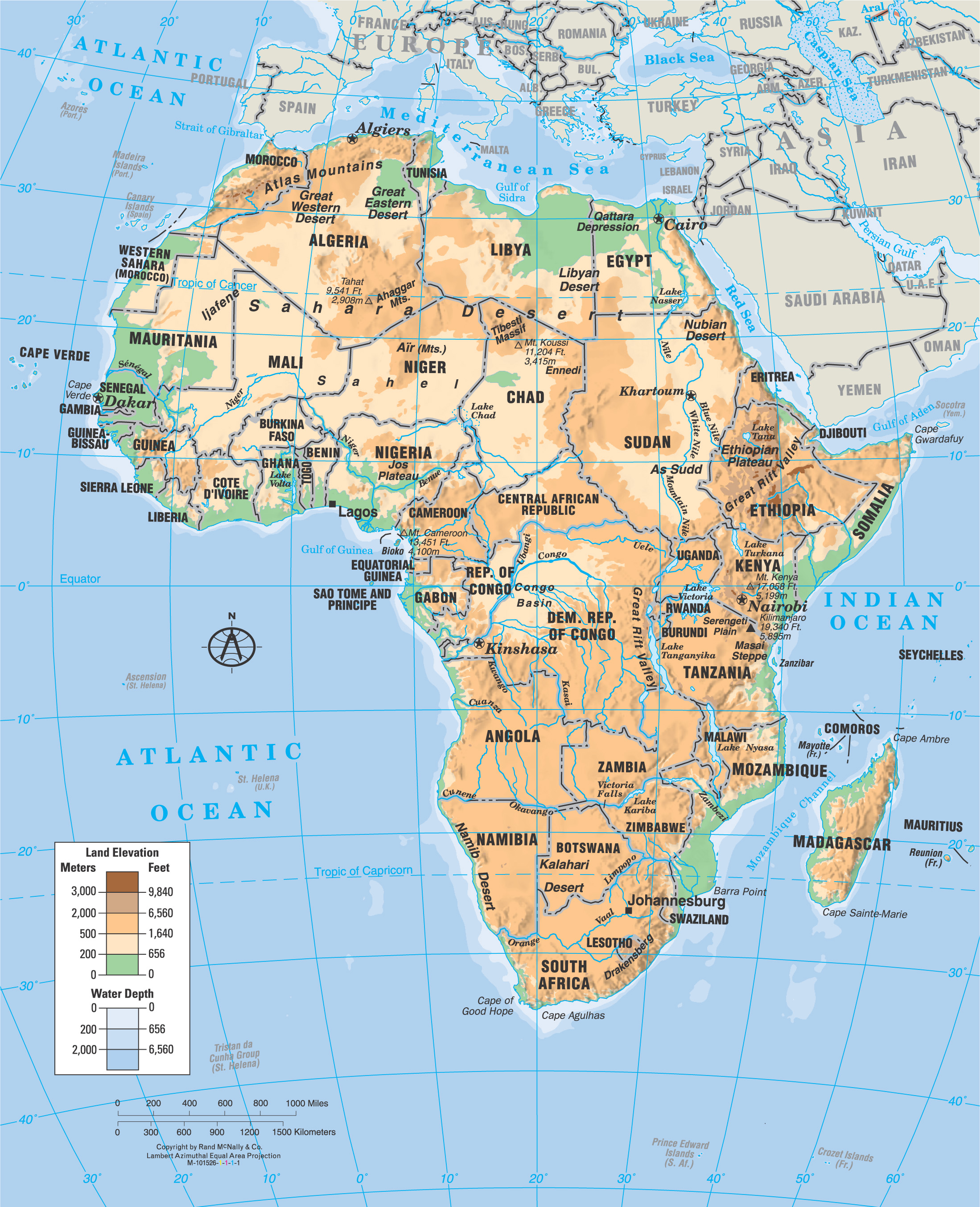 physical map of Africa: mountains, plains, rivers, etc are shaded with different colors