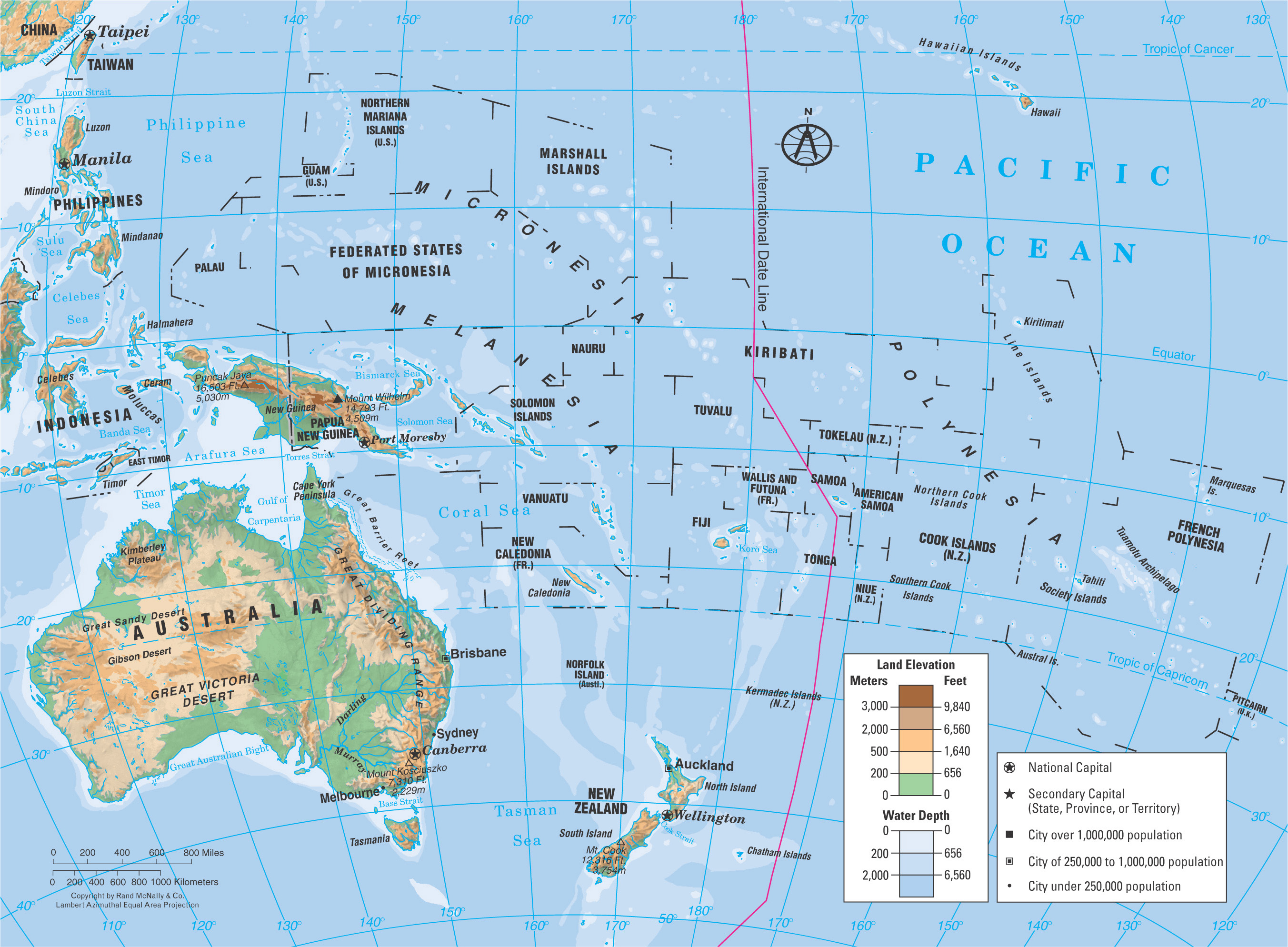 physical map of Australia and Oceania: mountains, plains, rivers, etc are shaded with different colors