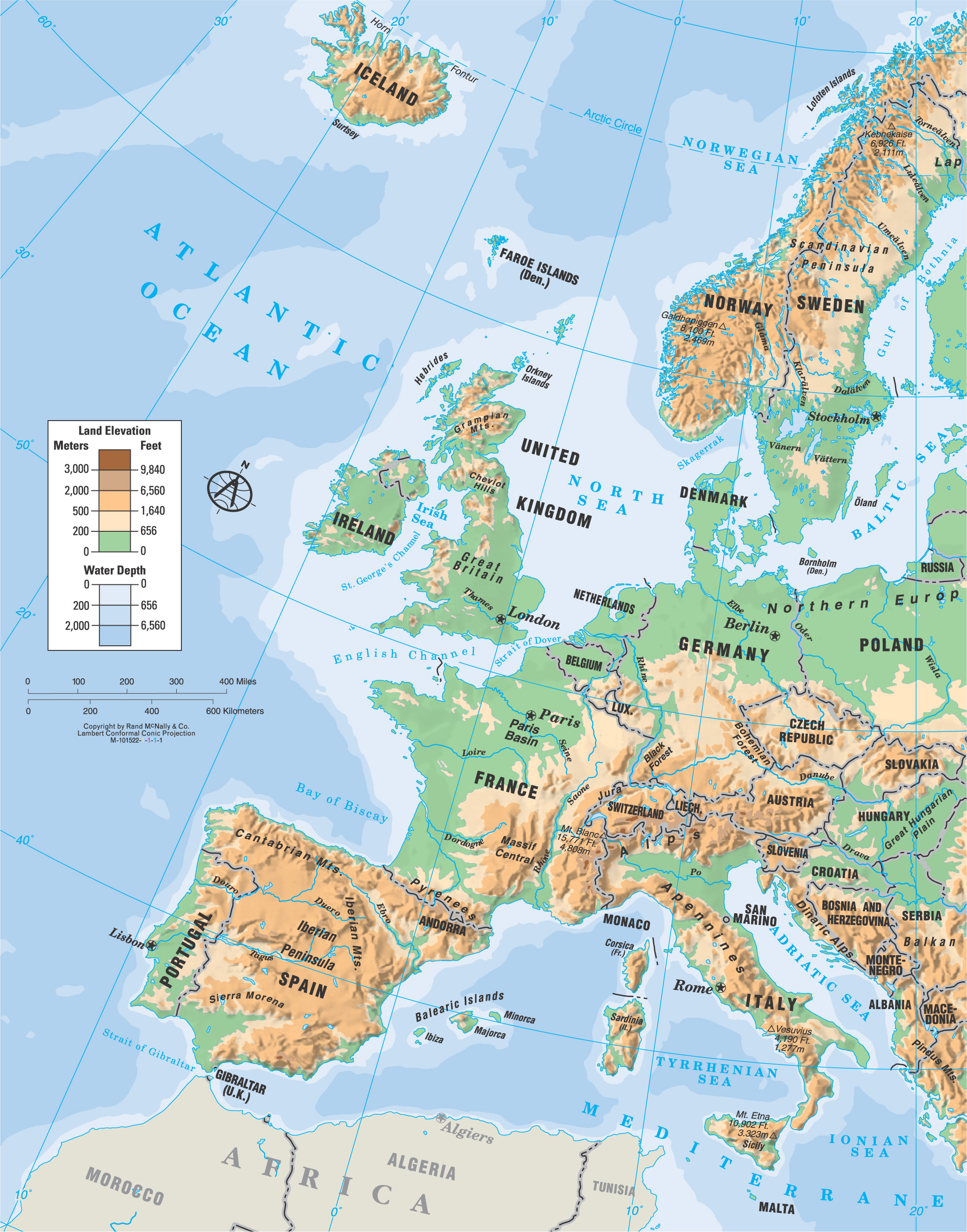 physical map of Europe: mountains, plains, rivers, etc are shaded with different colors