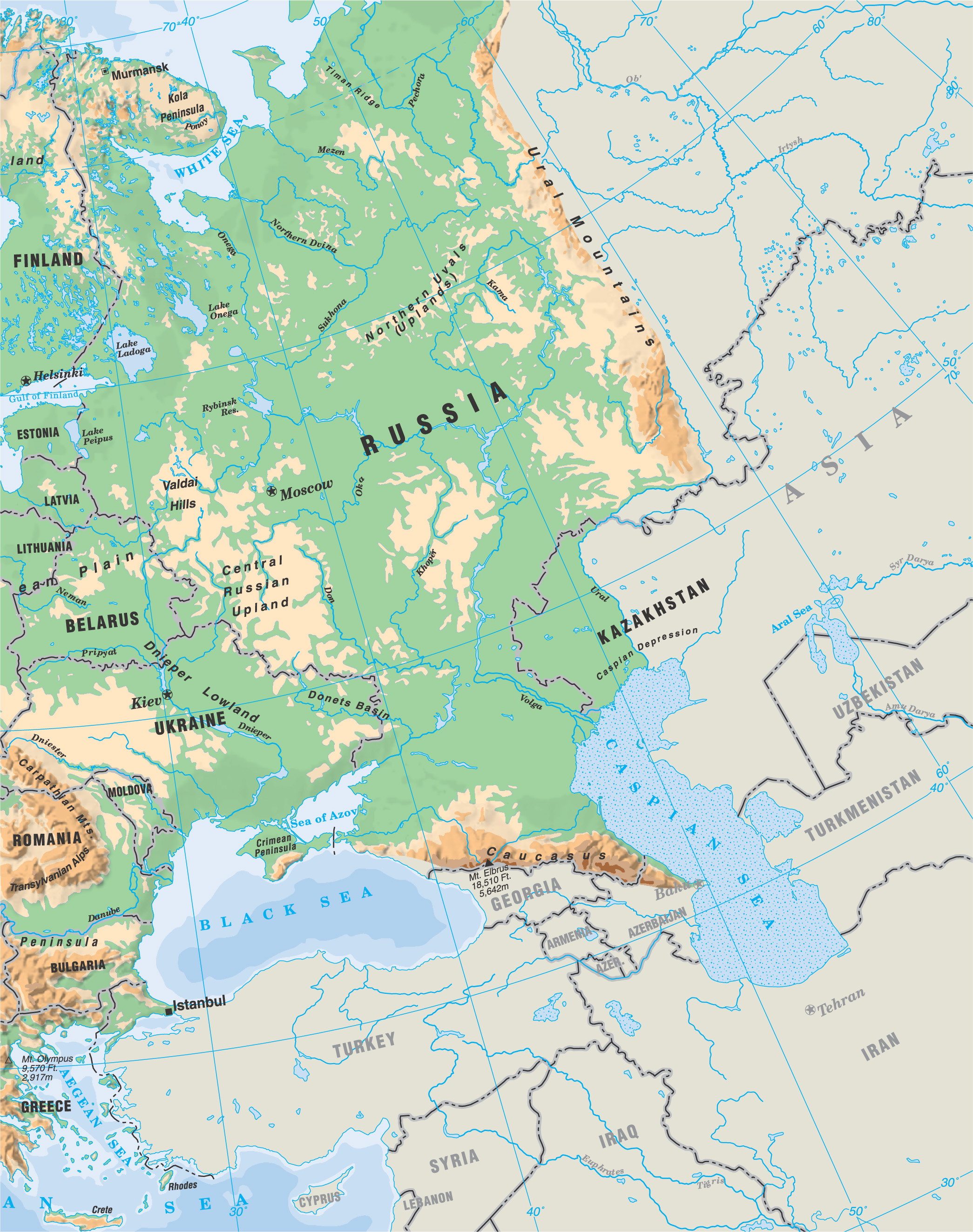 physical map of Europe: mountains, plains, rivers, etc are shaded with different colors