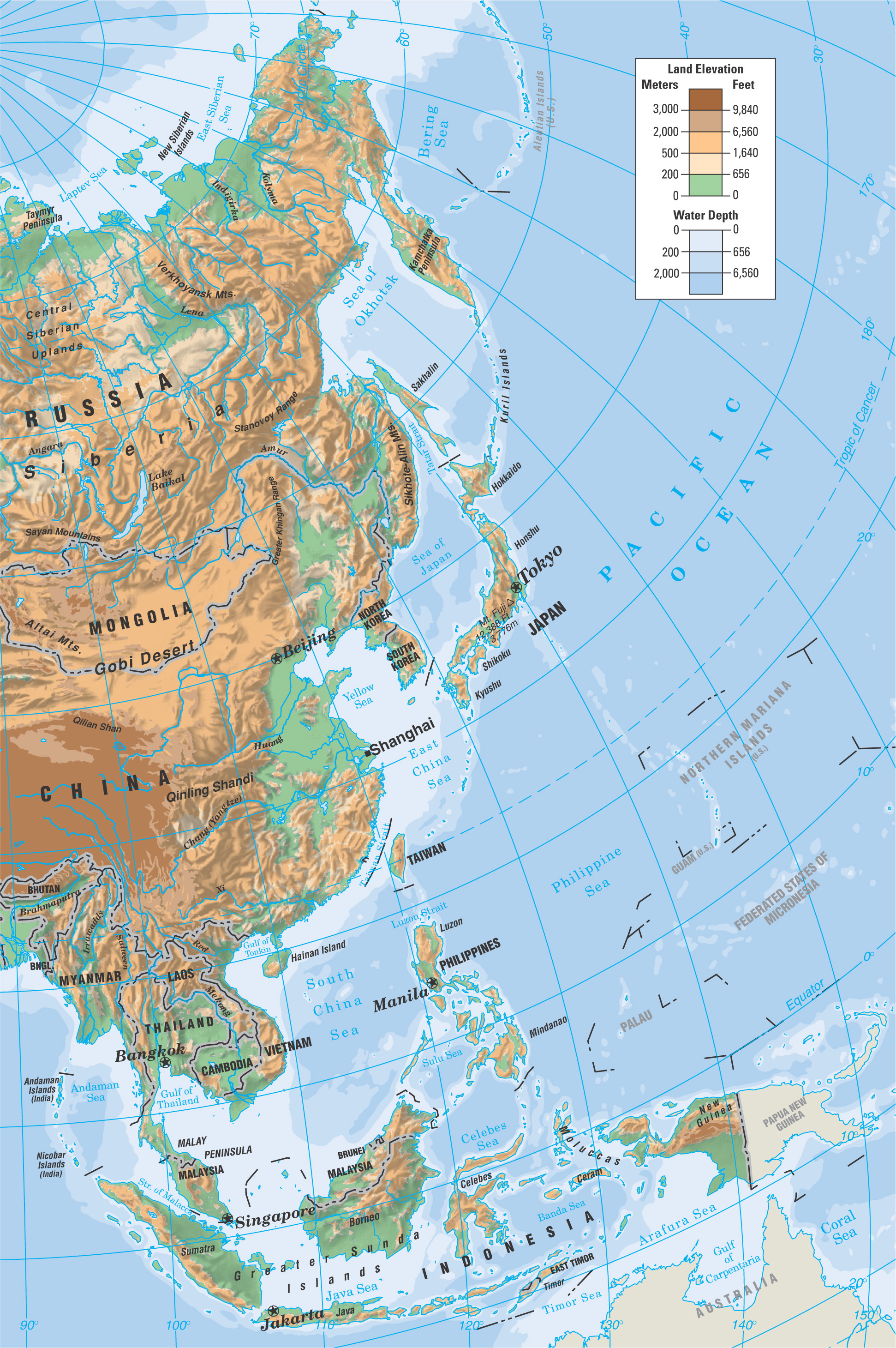 physical map of Asia: mountains, plains, rivers, etc are shaded with different colors