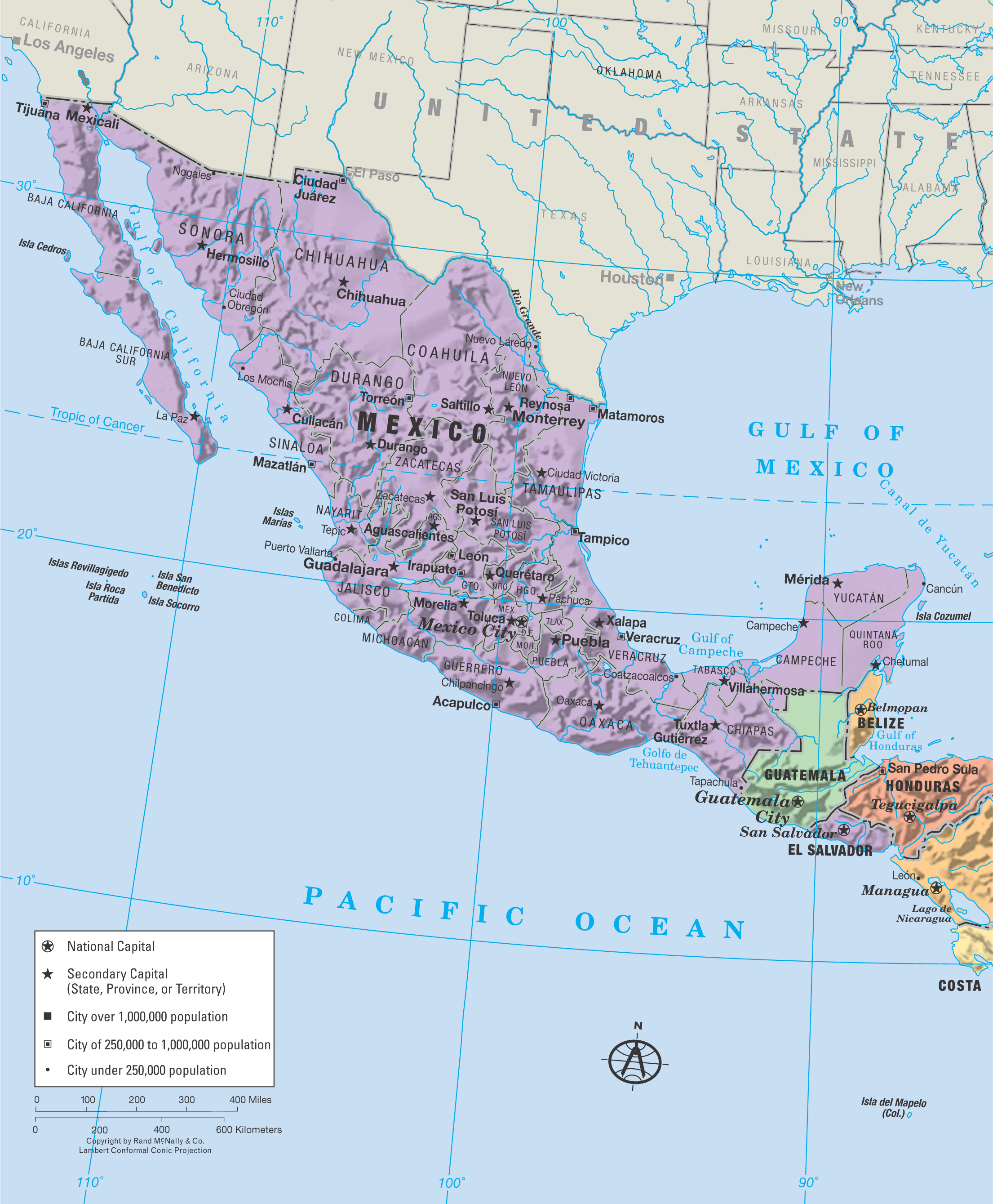 Political map of Mexico, Central America, and the Caribbean: shows national capitals and major cities