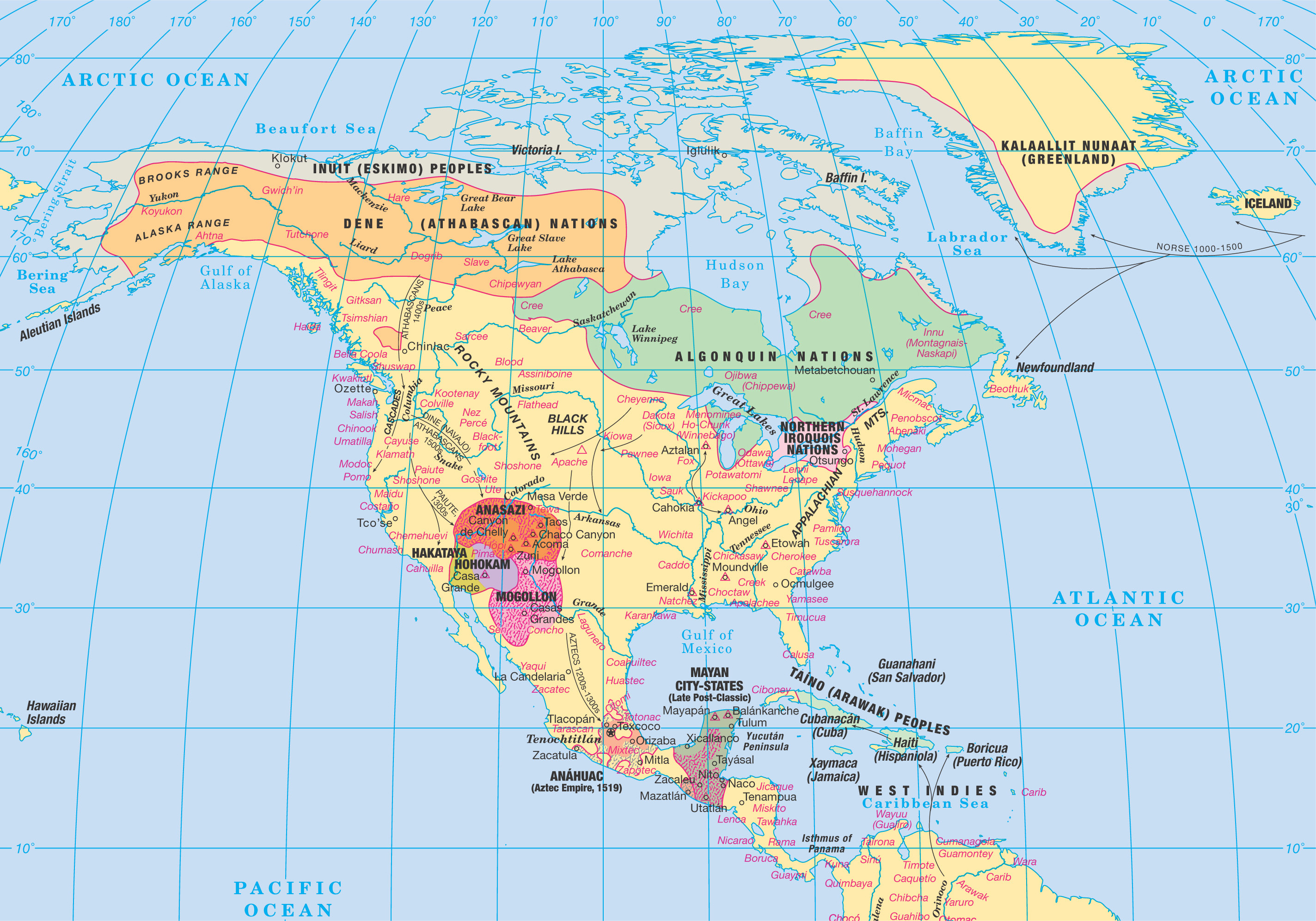 map of North America shows location of Native American populations