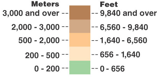 map symbol for Land Elevation: colors representing height in meters and feet
