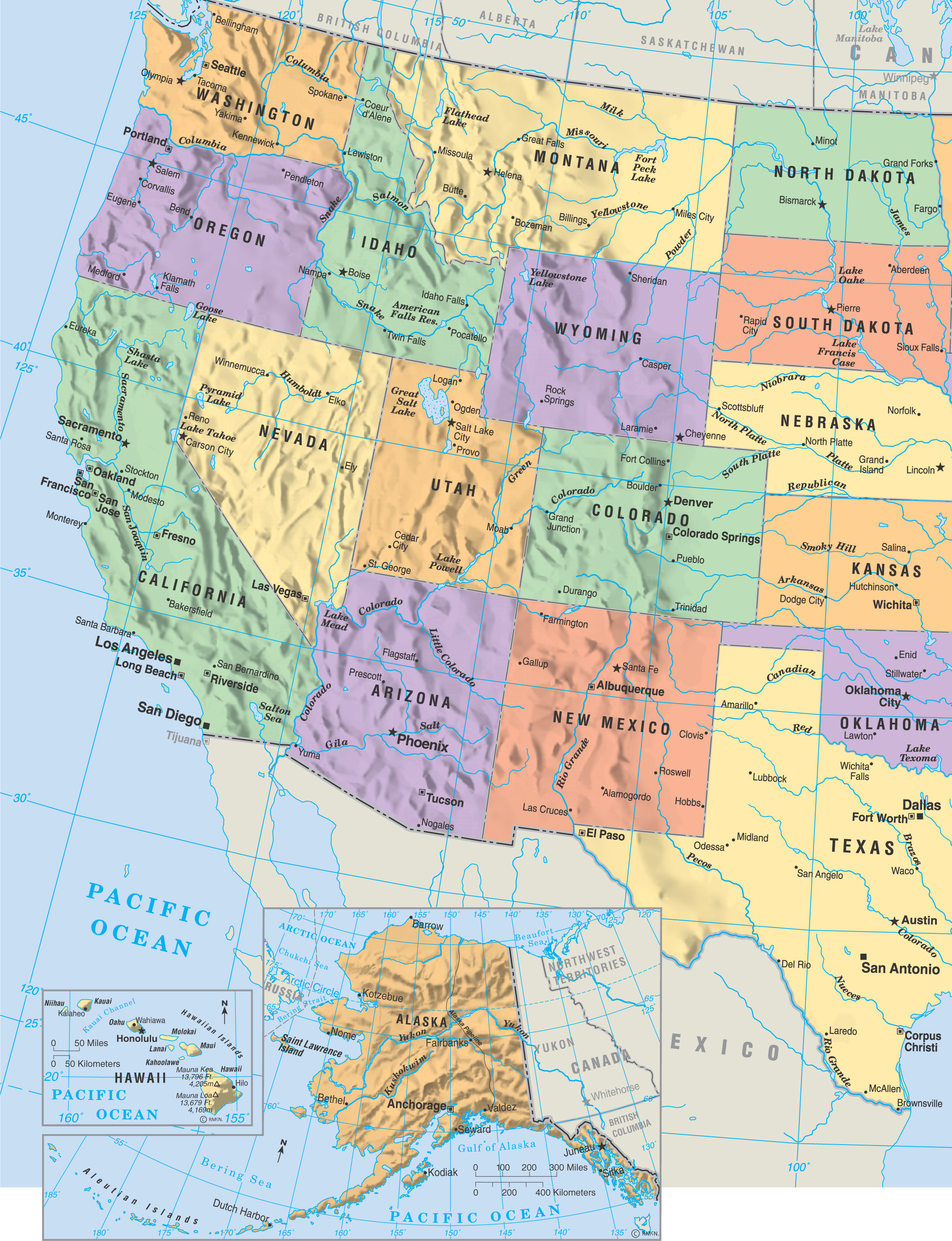 political map of United States shows state borders, capitals and major cites