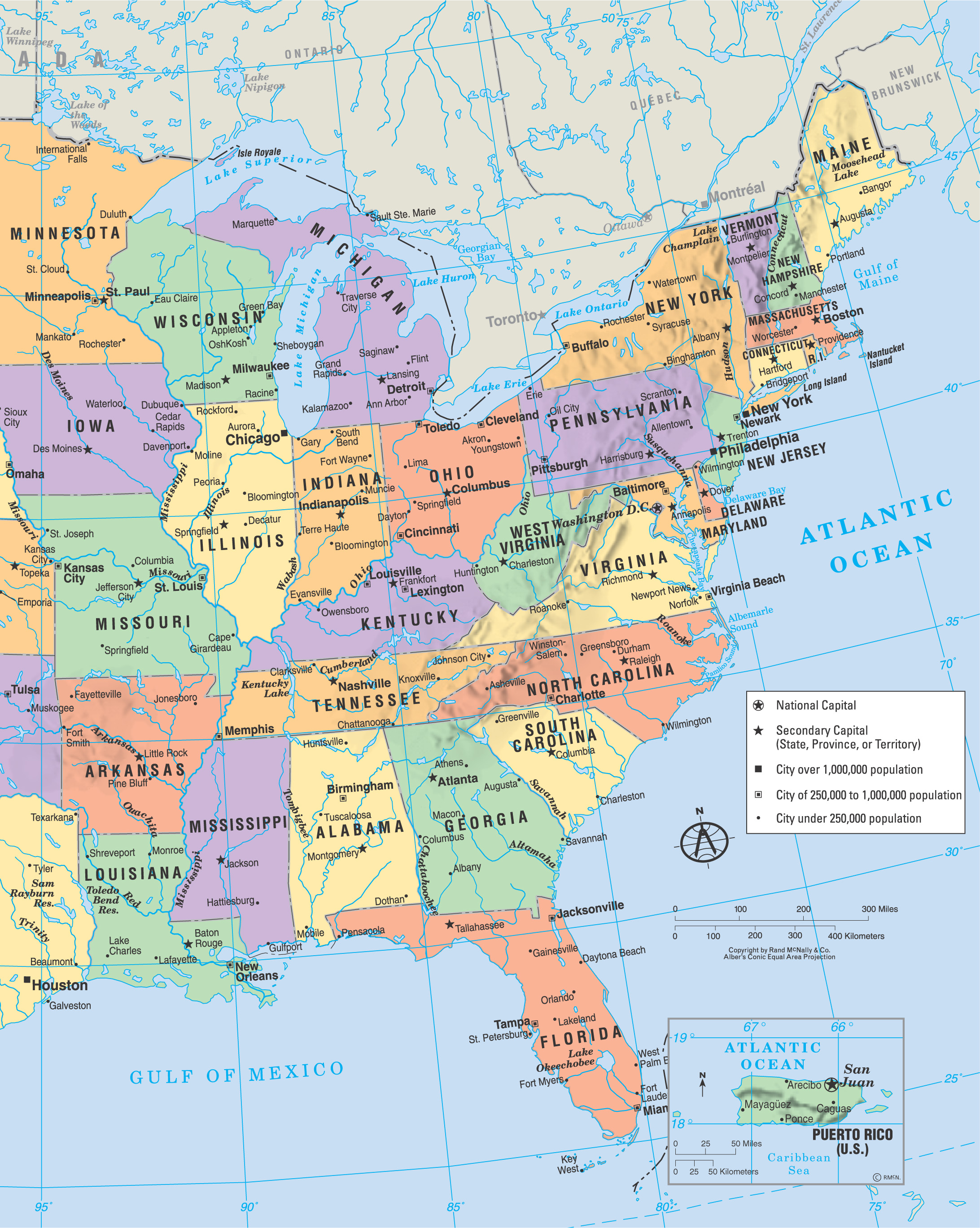 political map of United States shows state borders, capitals and major cites
