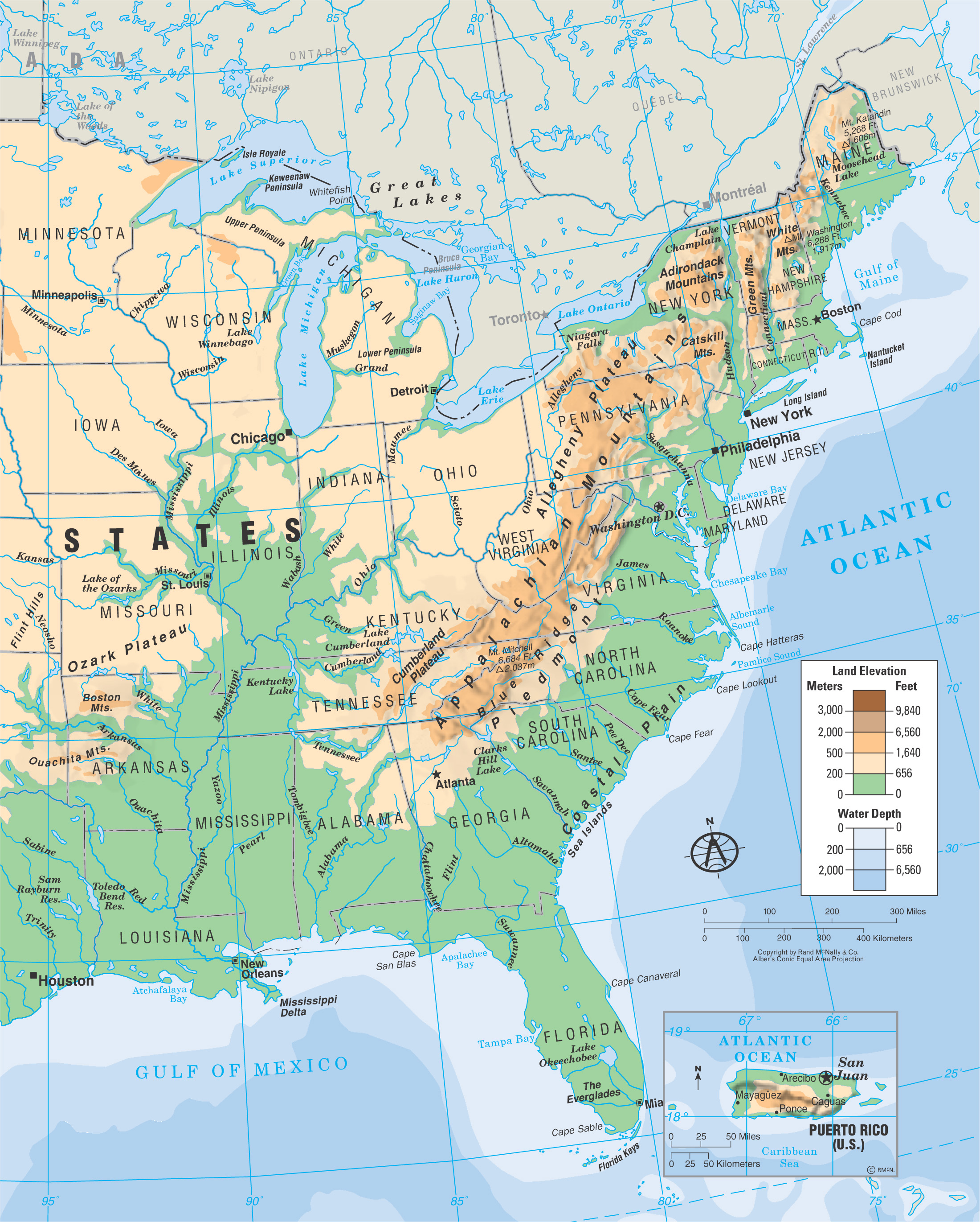 physical map of the United States shows land elevations, rivers, etc.