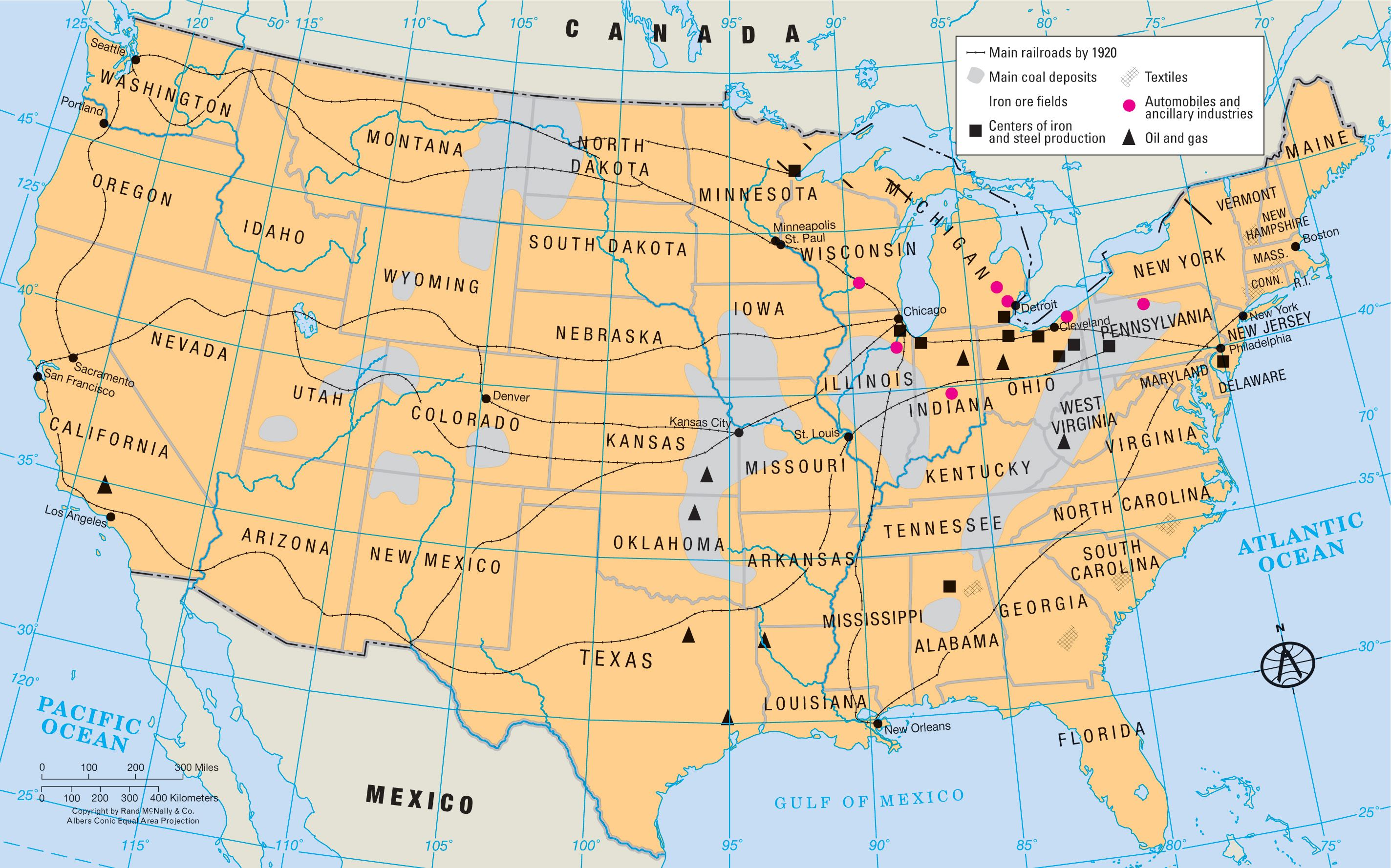 map shows U.S. Industries 1920, railroads, oil, textiles, etc.