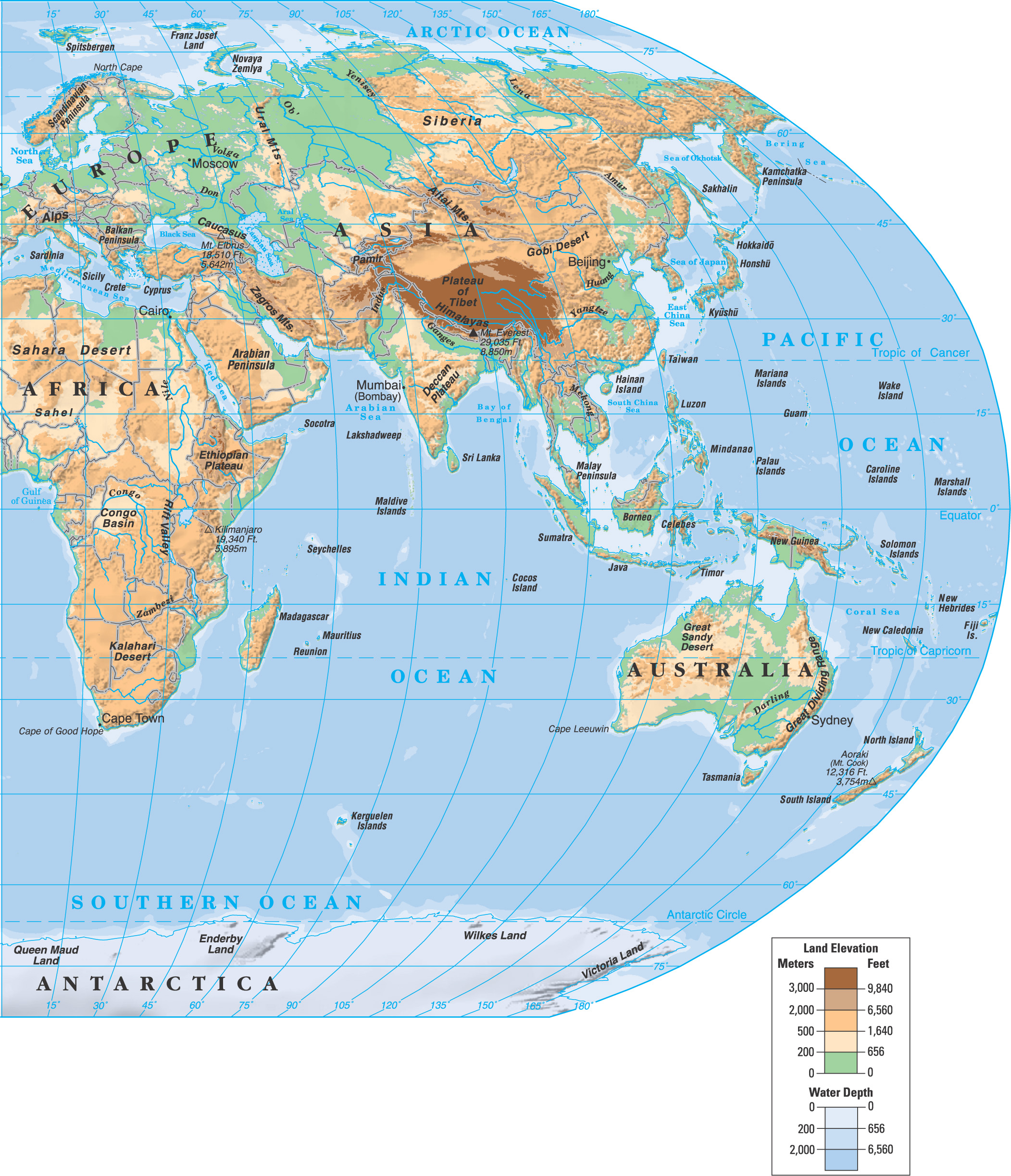 physical map of the world: mountains, plains, rivers, etc., are shaded with different colors