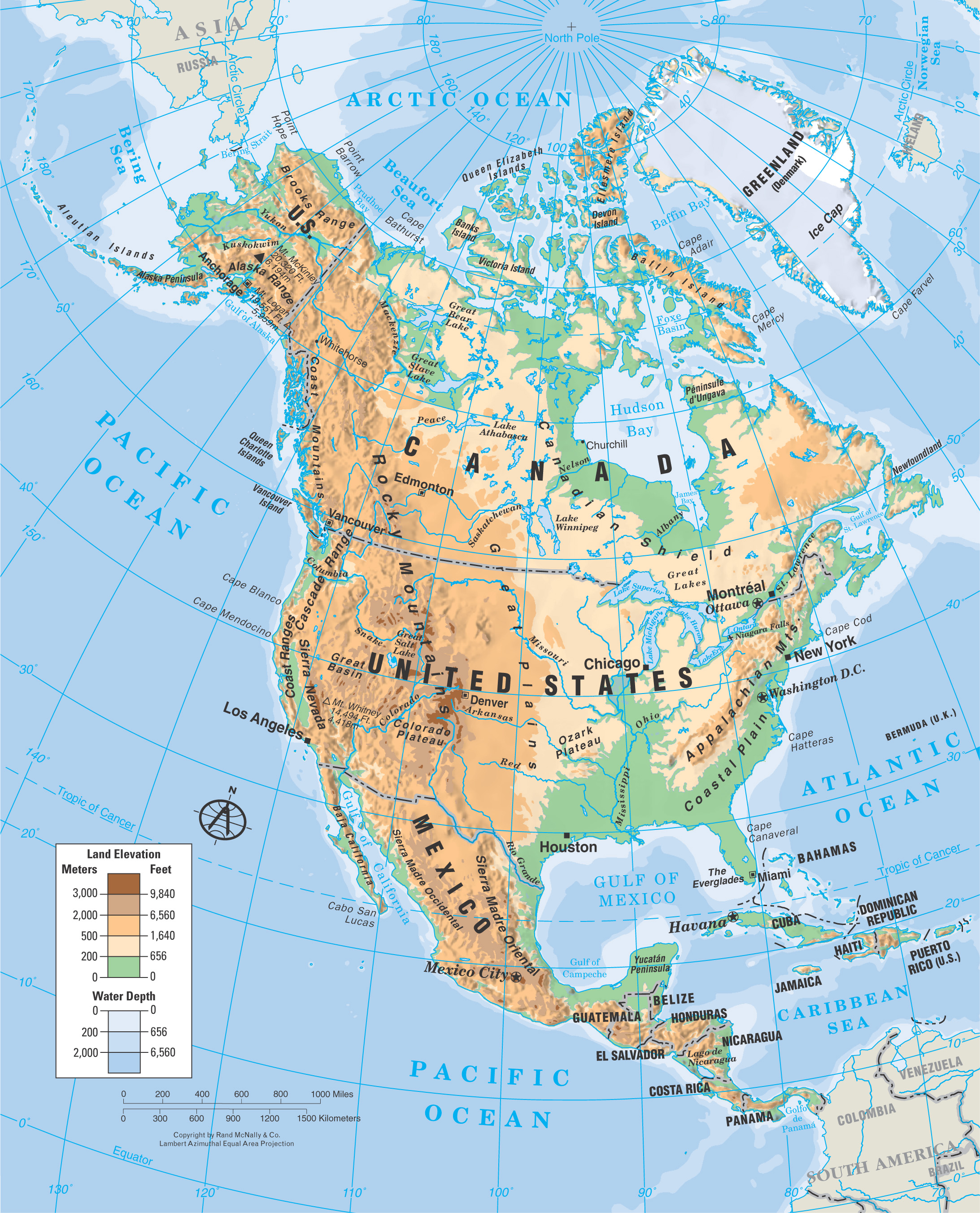 physical map of the North America: mountains, plains, rivers, etc are shaded with different colors
