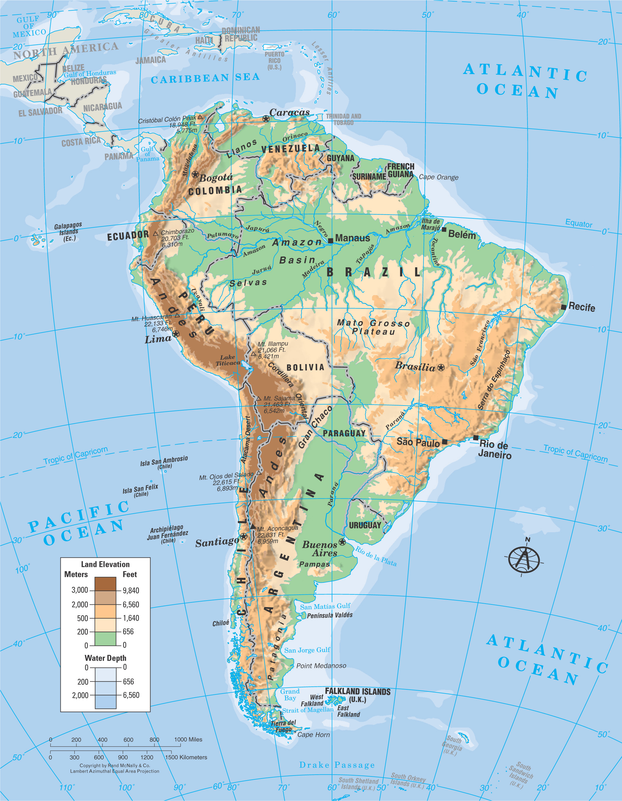 physical map of South America: mountains, plains, rivers, etc are shaded with different colors