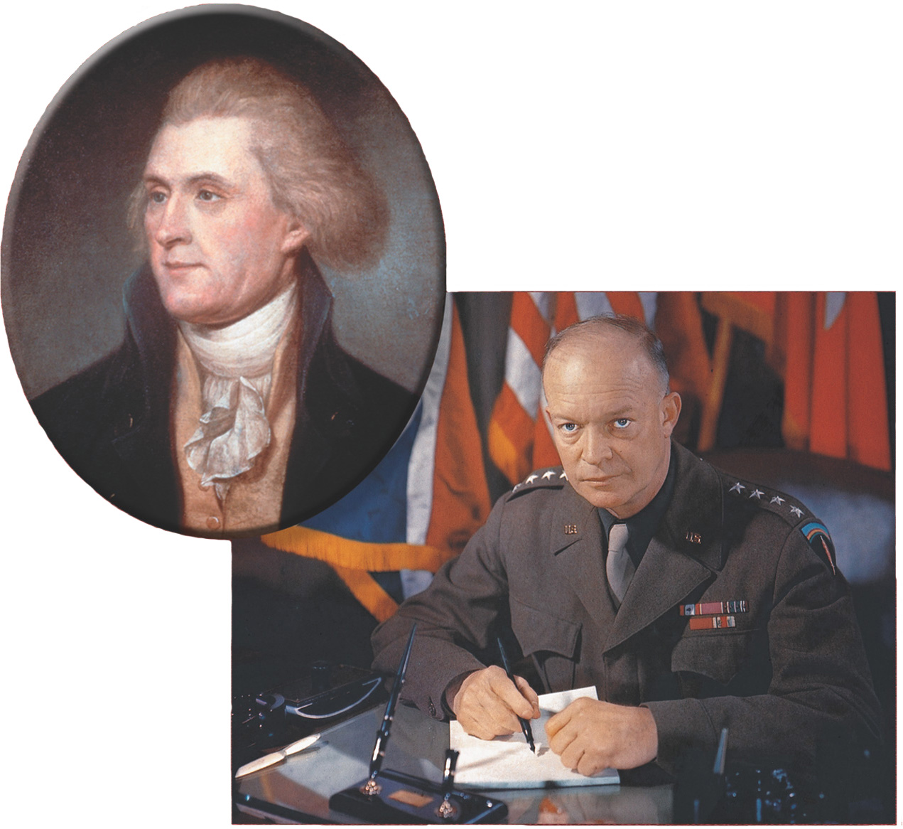 Portrait of Thomas Jefferson and photo of Dwight D Eisenhower.