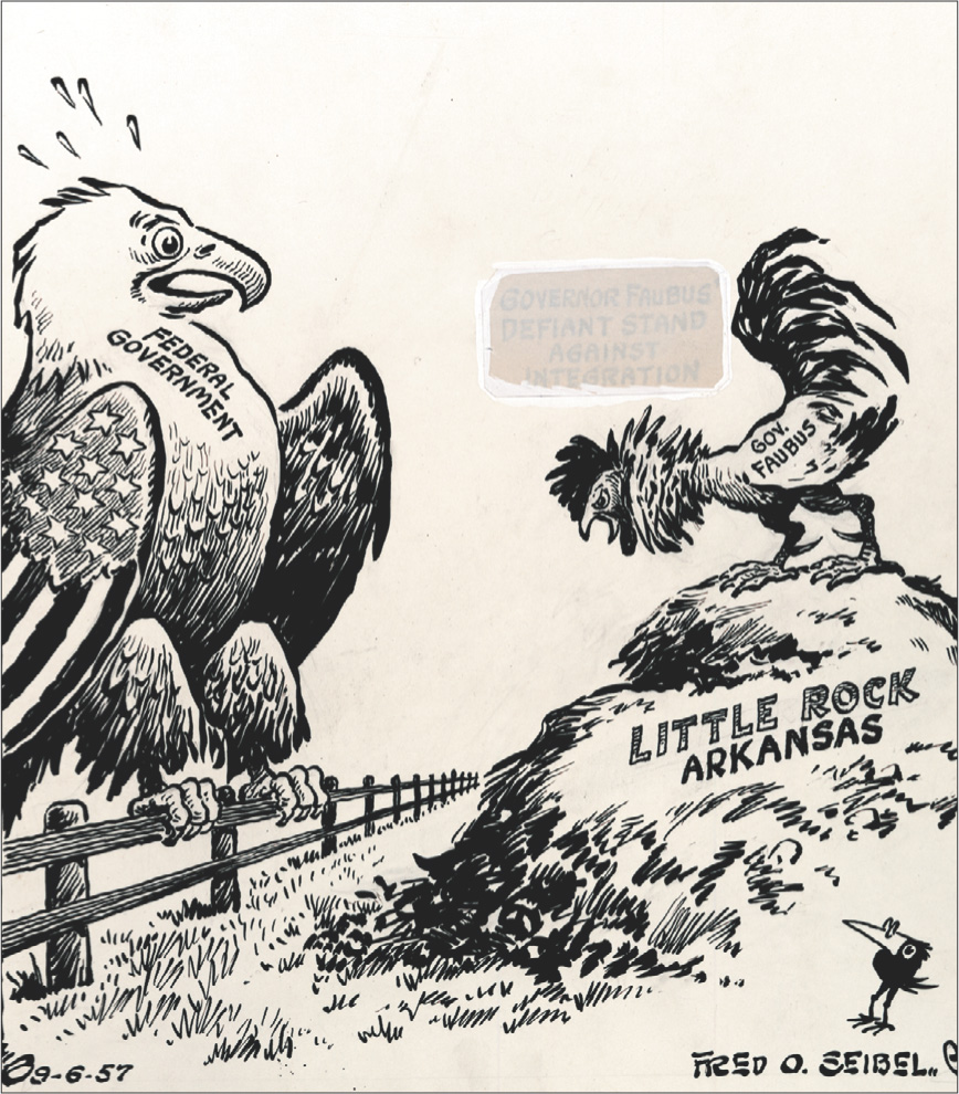 Political cartoon depicts Gov. Fabus of Little Rock Arkansas as a little rooster warding off the federal government shown as a big bald eagle.