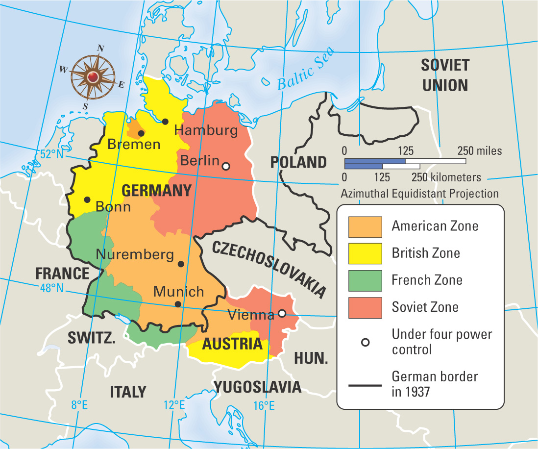 A map shows Post-War Germany Occupation Zones. Germany and Austria were divided into four zones: American, British, French and Soviet. Although Berlin and Vienna were in Soviet Zones, they were under four power control.