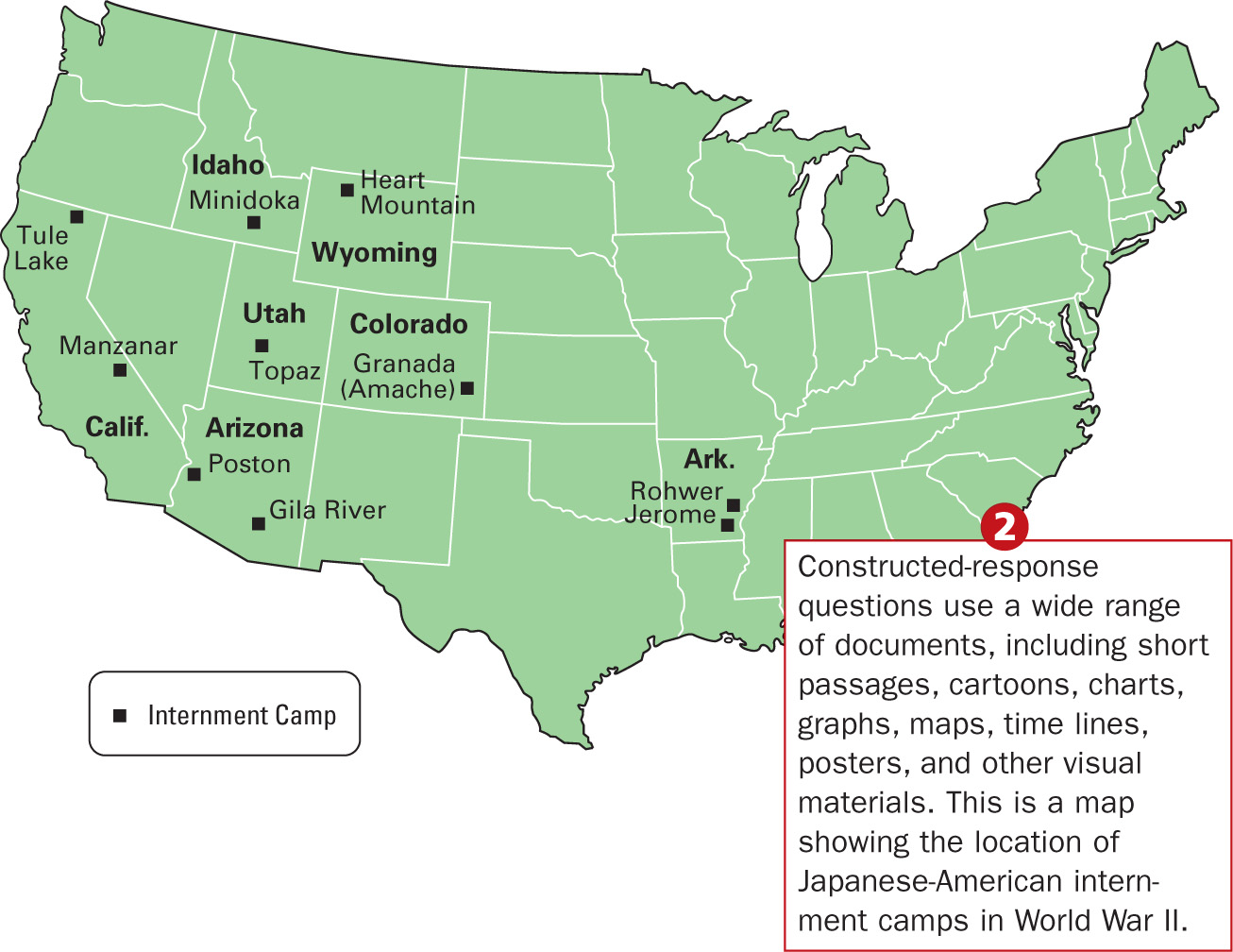 A map shows Japanese-American Internment camps during World War II.