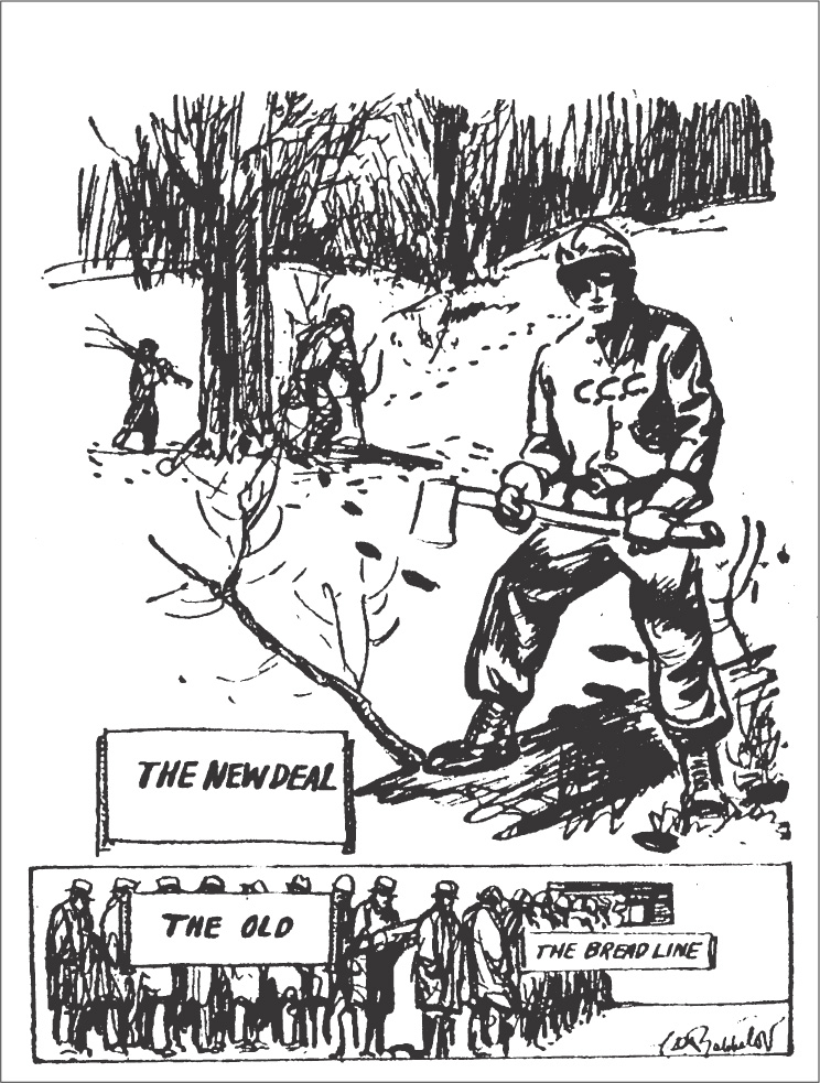 Cartoon: in a scene labeled The New Deal,  a man chops down trees wearing a C.C.C. uniform. In another scene labeled The Old, The Bread Line, a long line of men wait in line for free bread. 