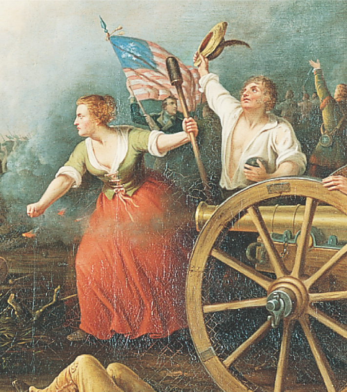 Painting depicts Molly Pitcher, a woman firing a cannon in a battle.