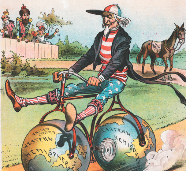 Political cartoon depicts Uncle Sam riding a bicycle with the two hemispheres of the globe as the wheels.