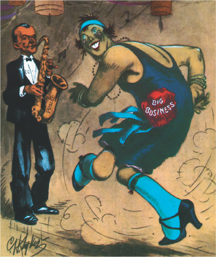Political cartoon depicts BIg Business as a happy dancer.