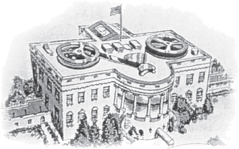 Cartoon depicts the White House as a giant tape-recorder.