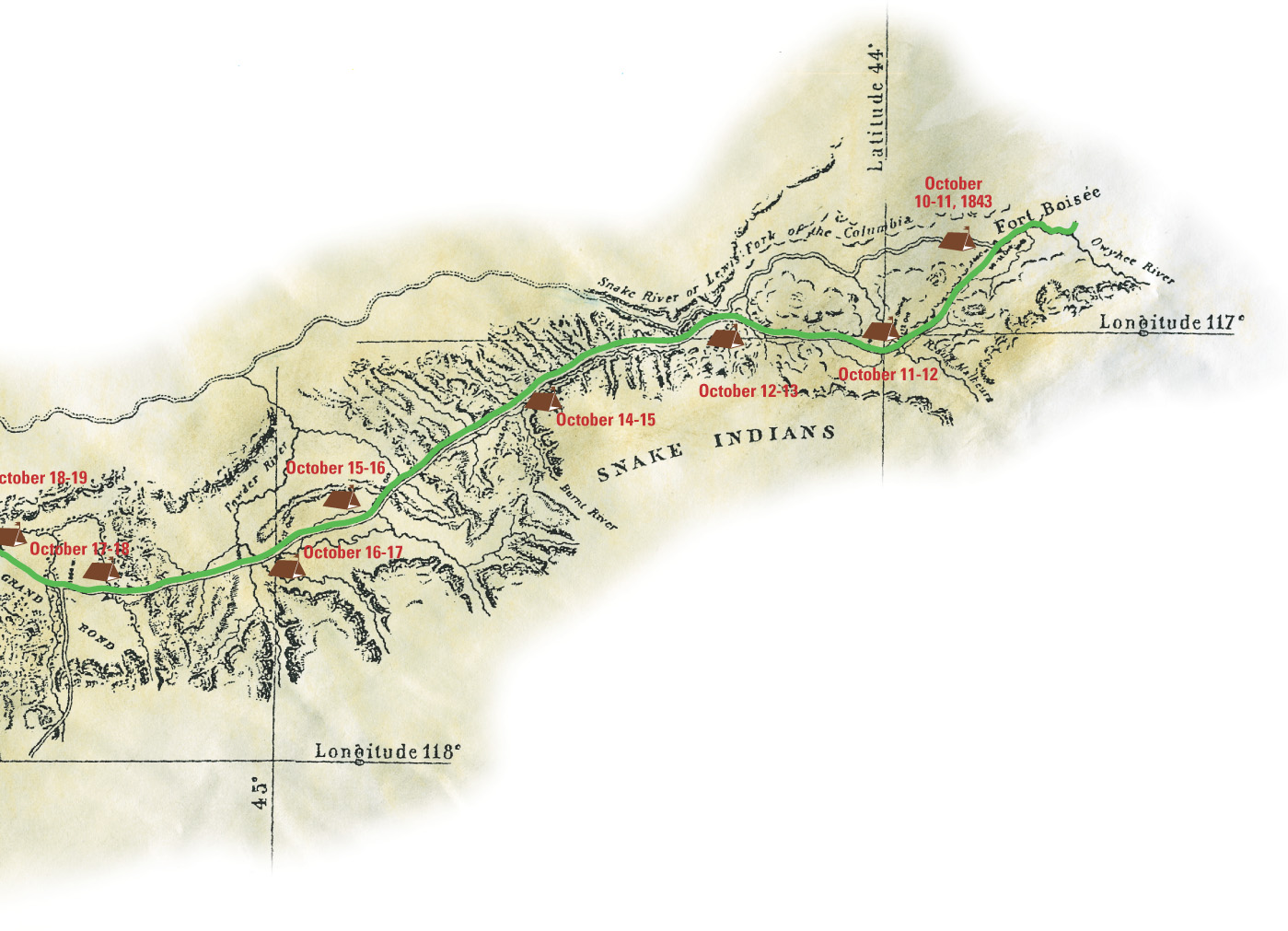 Map shows camp sites along the Snake River.