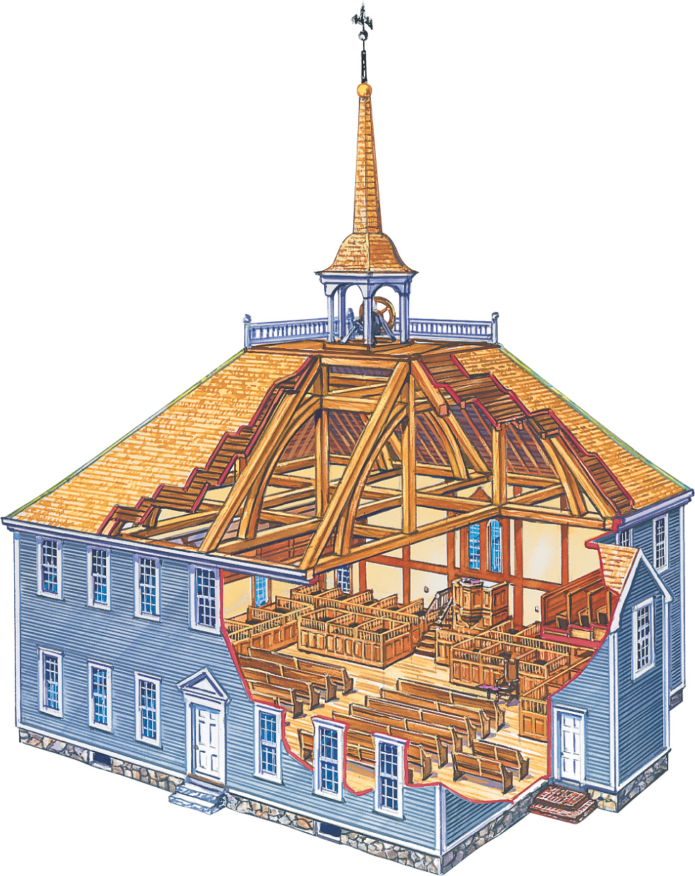 An cut-away diagram shows the inside and outside of a town hall building.