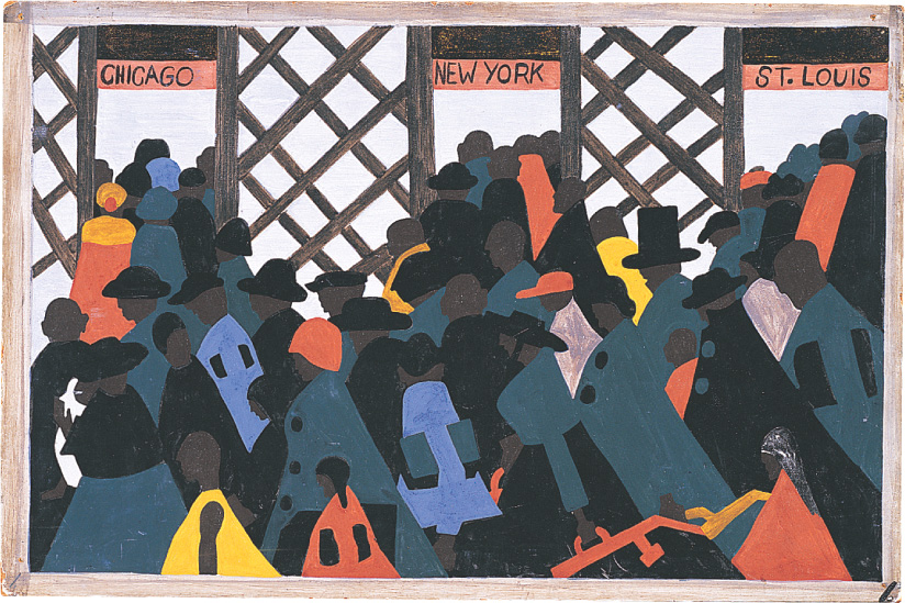 Painting depicts people lined up for doorways labeled: Chicago, New York and St. Louis.