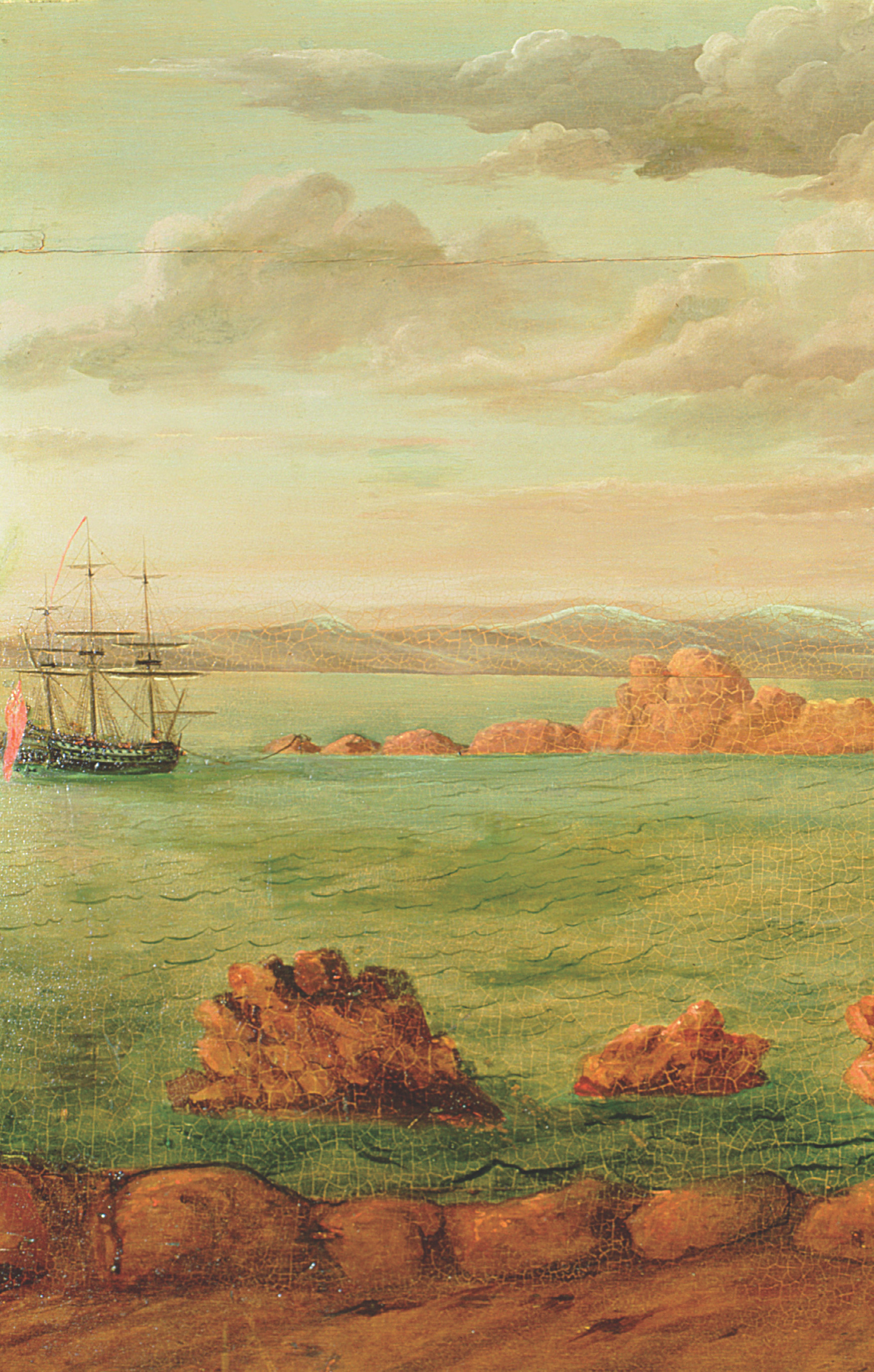 Painting shows a tall-masted ship in a harbor.