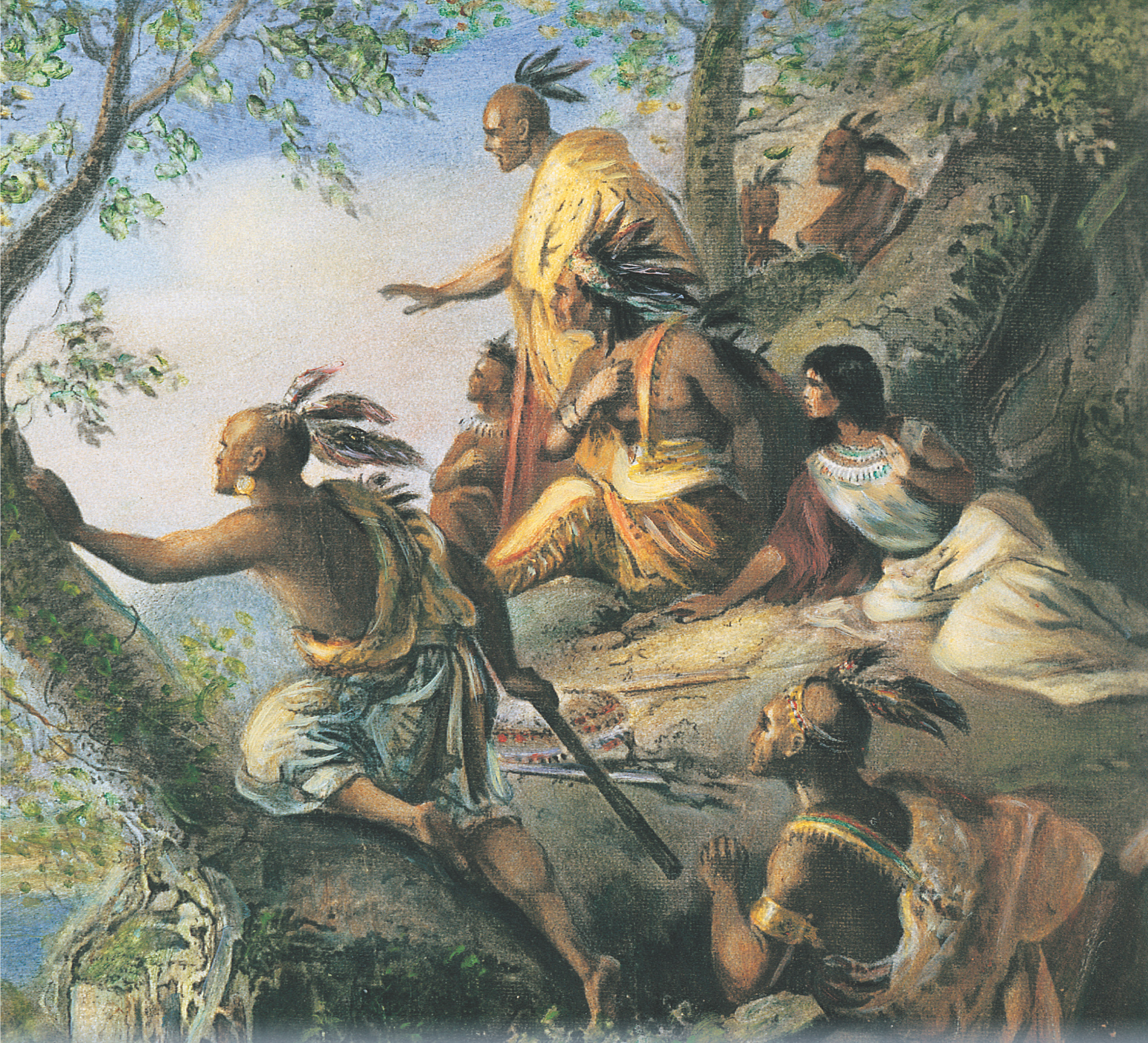 Painting depicts Native Americans wearing feather headdresses, gathered at the edge of the forest overlooking the water.