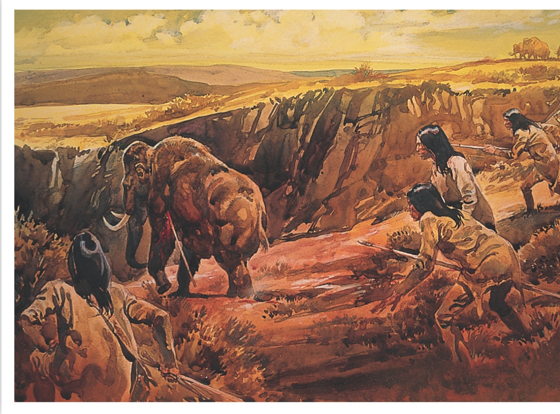 Painting depicts early Americans hunting elephant-like woolly mammoth with spears.
