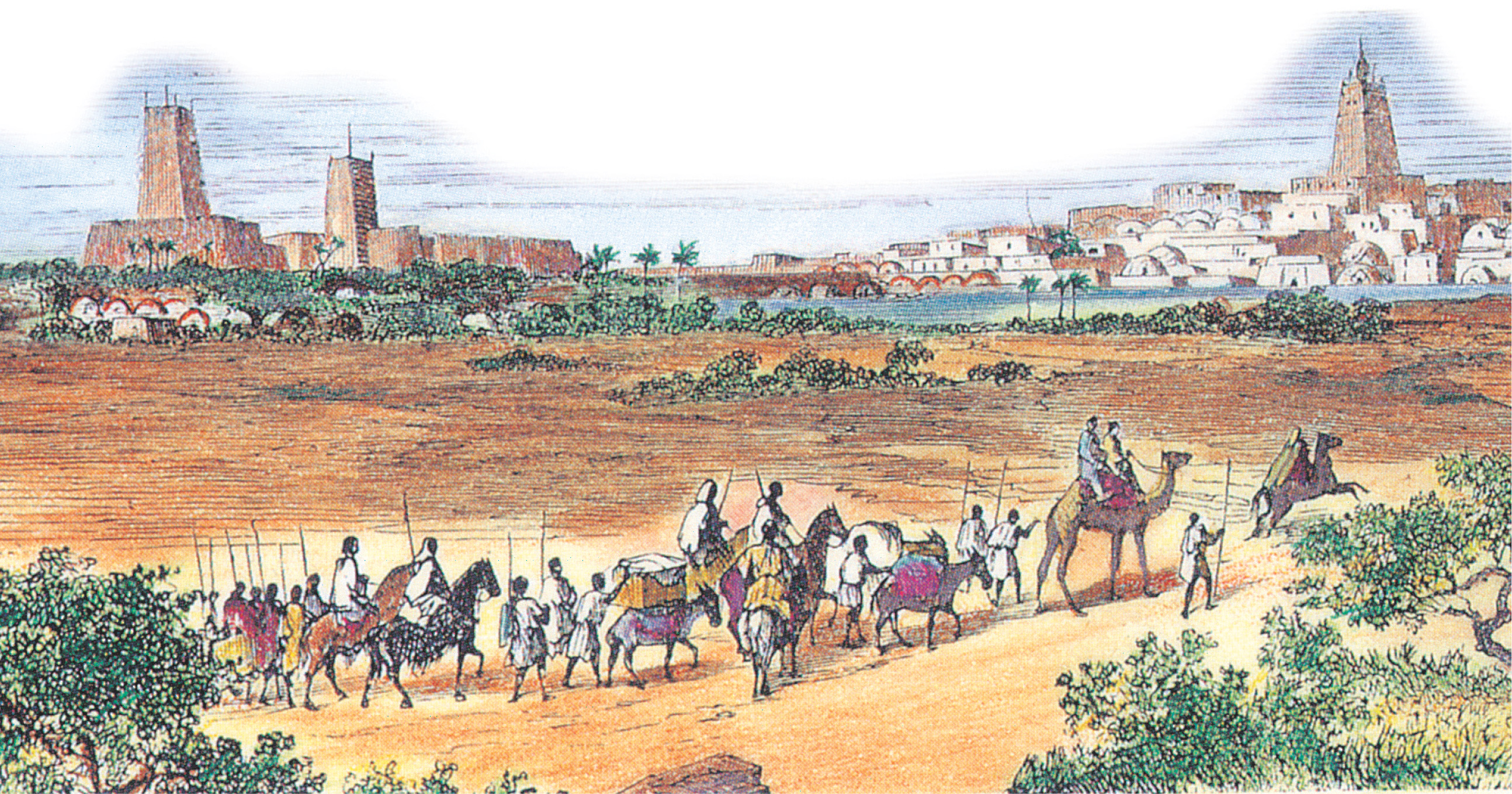 Illustration depicts a desert caravan of people, camels and horses approaching a city built beside water.