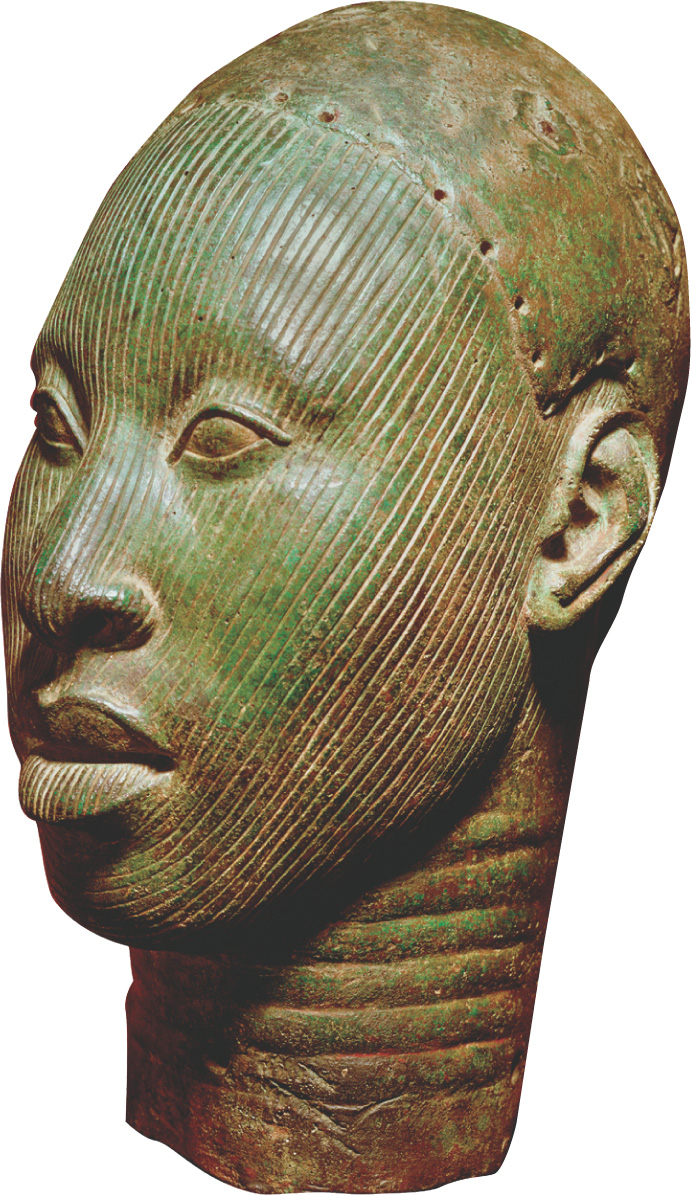 Bronze sculpture of a woman's head.