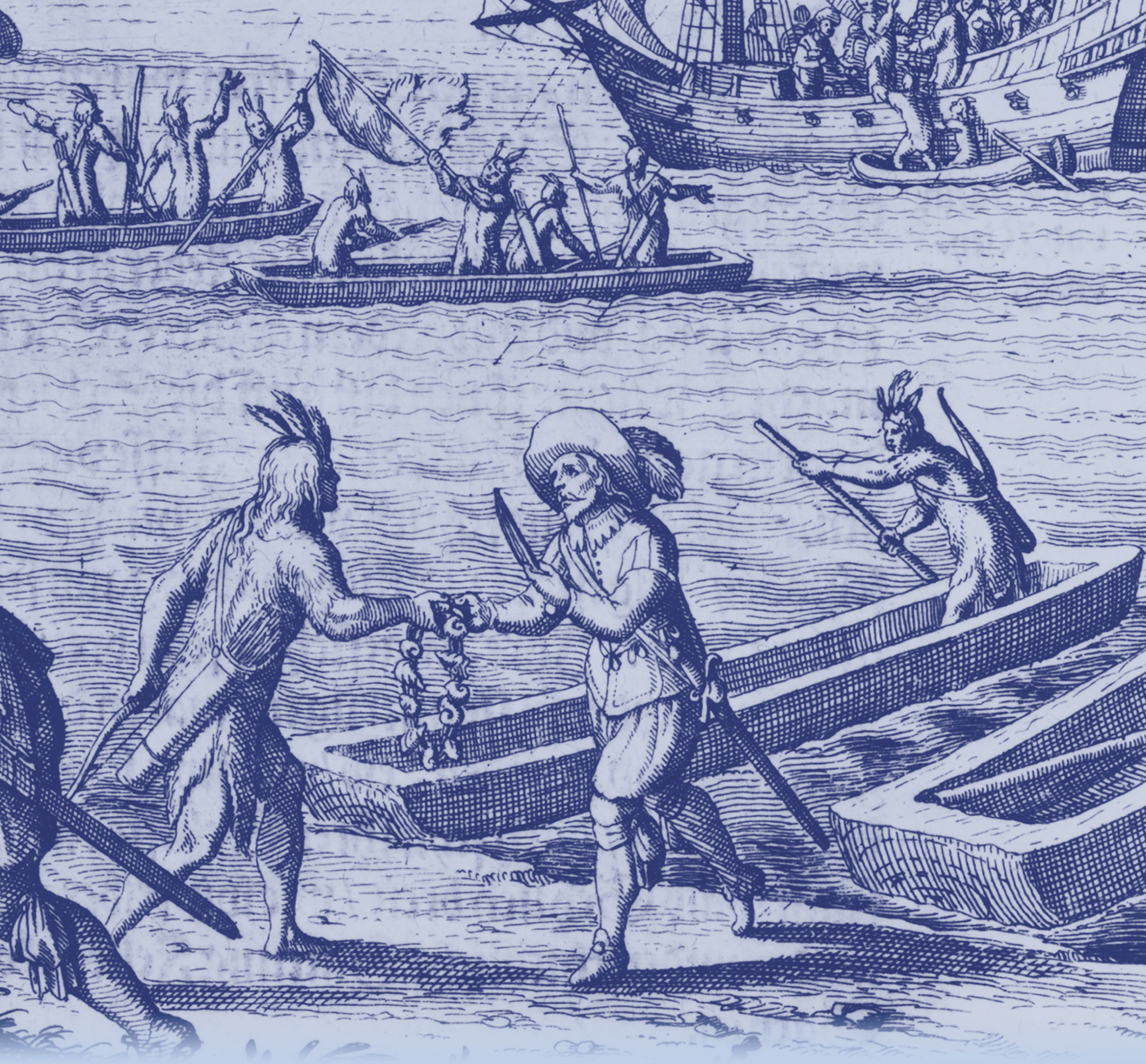 Illustration: explorers trade with Native Americans. A title: The American Colonies Emerge.