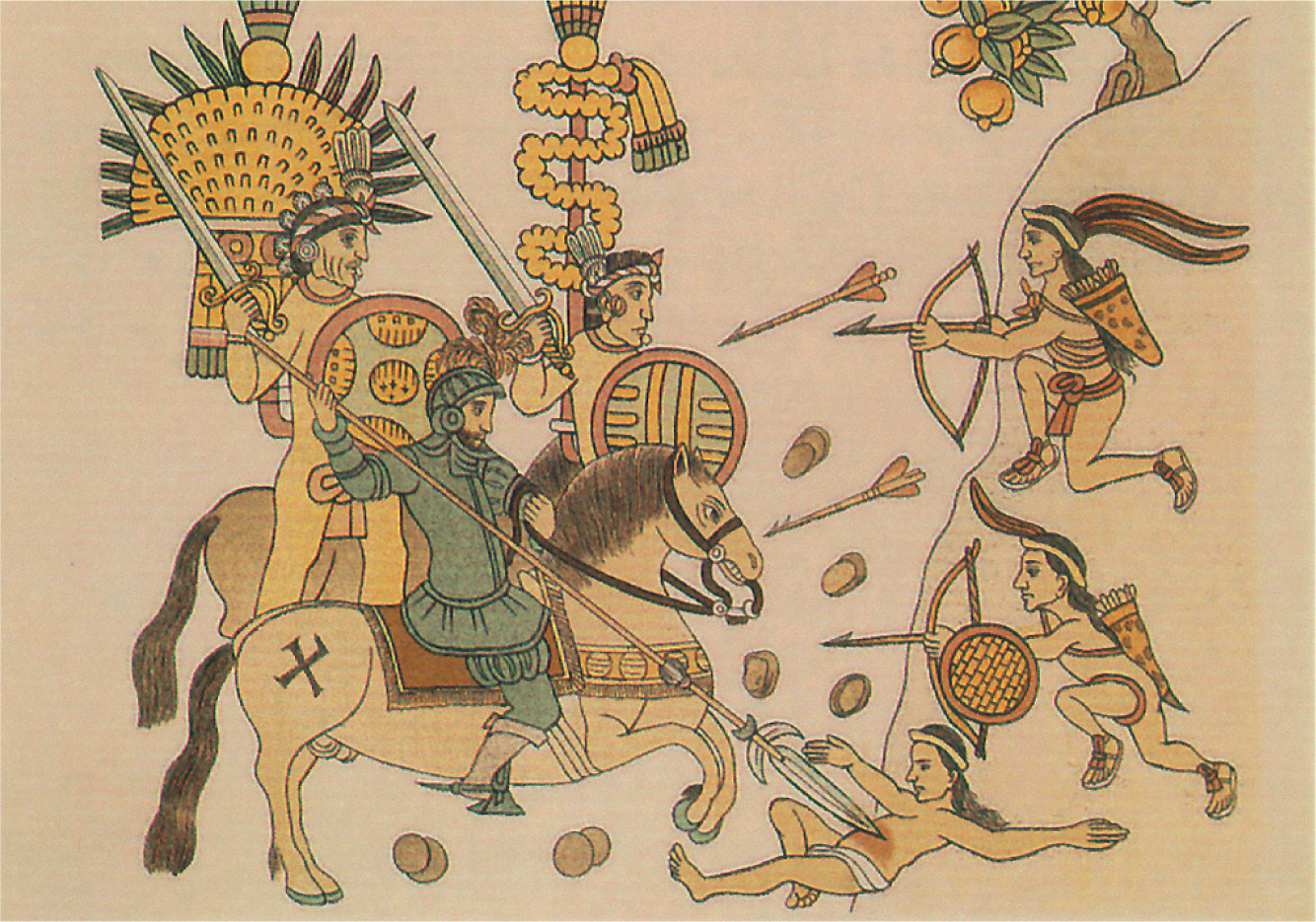 Painting: A conquistador stabs an Aztec warrior with a spear. Other Aztecs fire arrows.