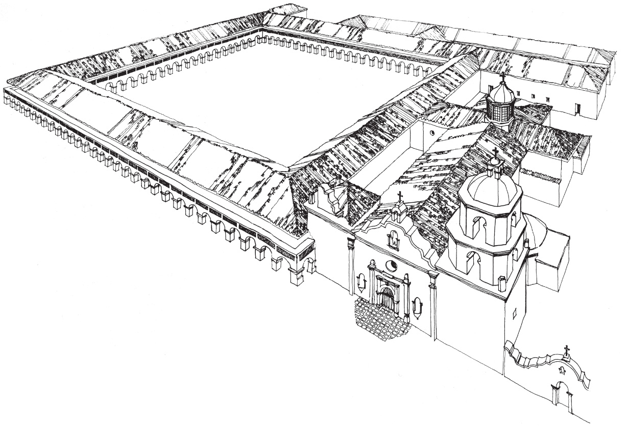 A sketch shows a mission's square courtyard.