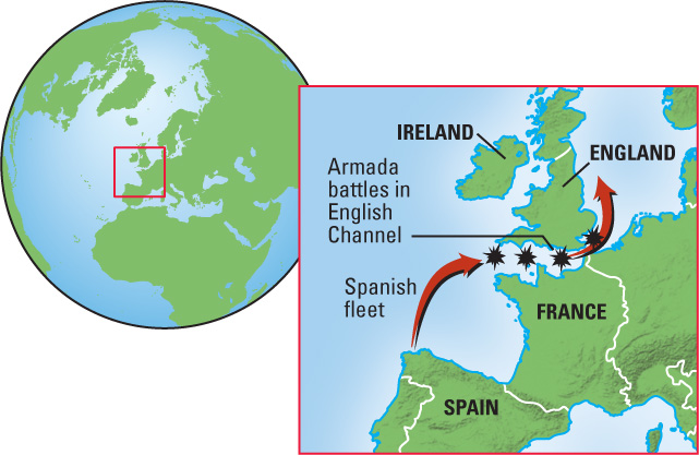 a map shows the location of Armada battles in the English Channel and the route of the Spanish fleet between England and France.