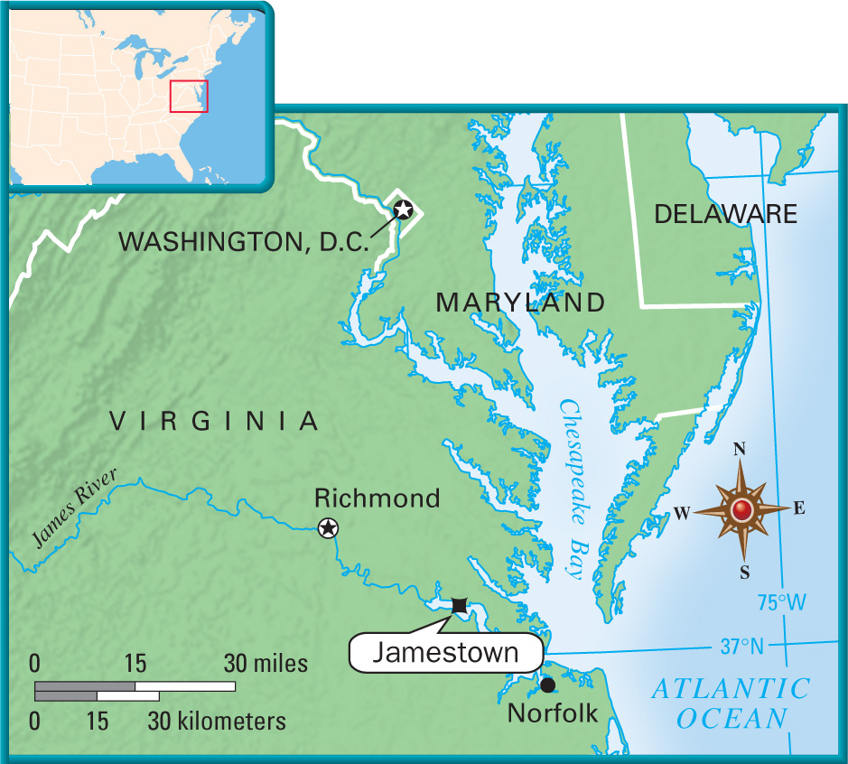 A map shows Jamestown in Virginia, near where the James River meets Chesapeake Bay.