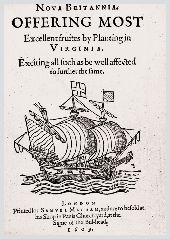A handbill titled Nova Britannia features a drawing of a sailing ship below the words Excellent fruites by planting in Virginia.