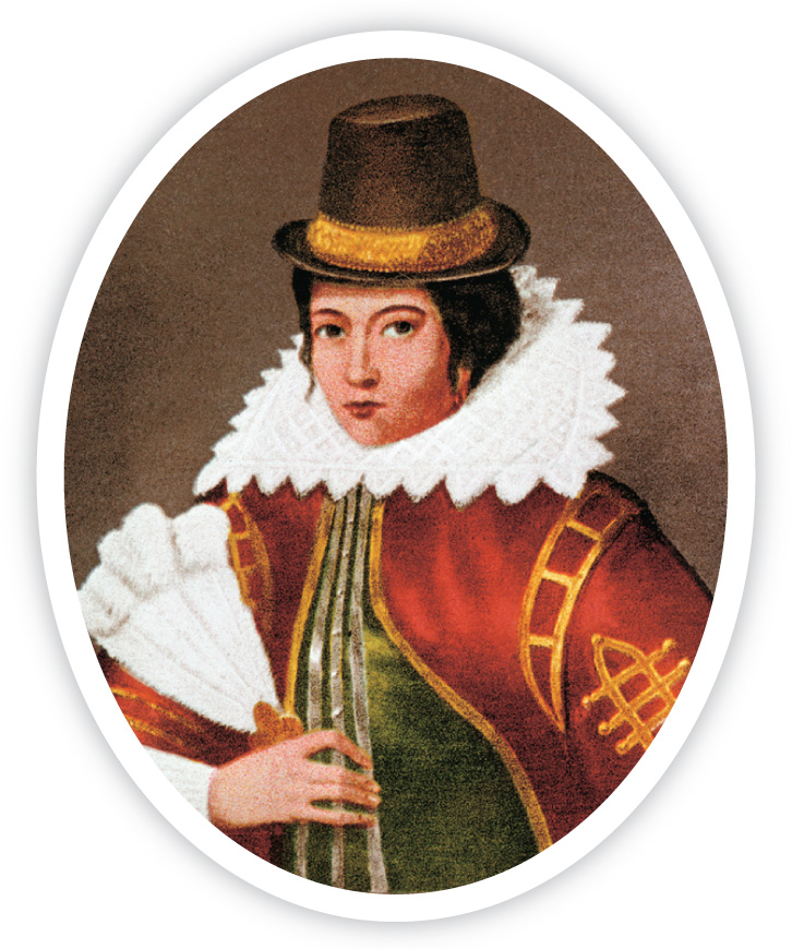 In a portrait, Pocahontas wears a gold-trimmed robe with a white collar and holds a fan.