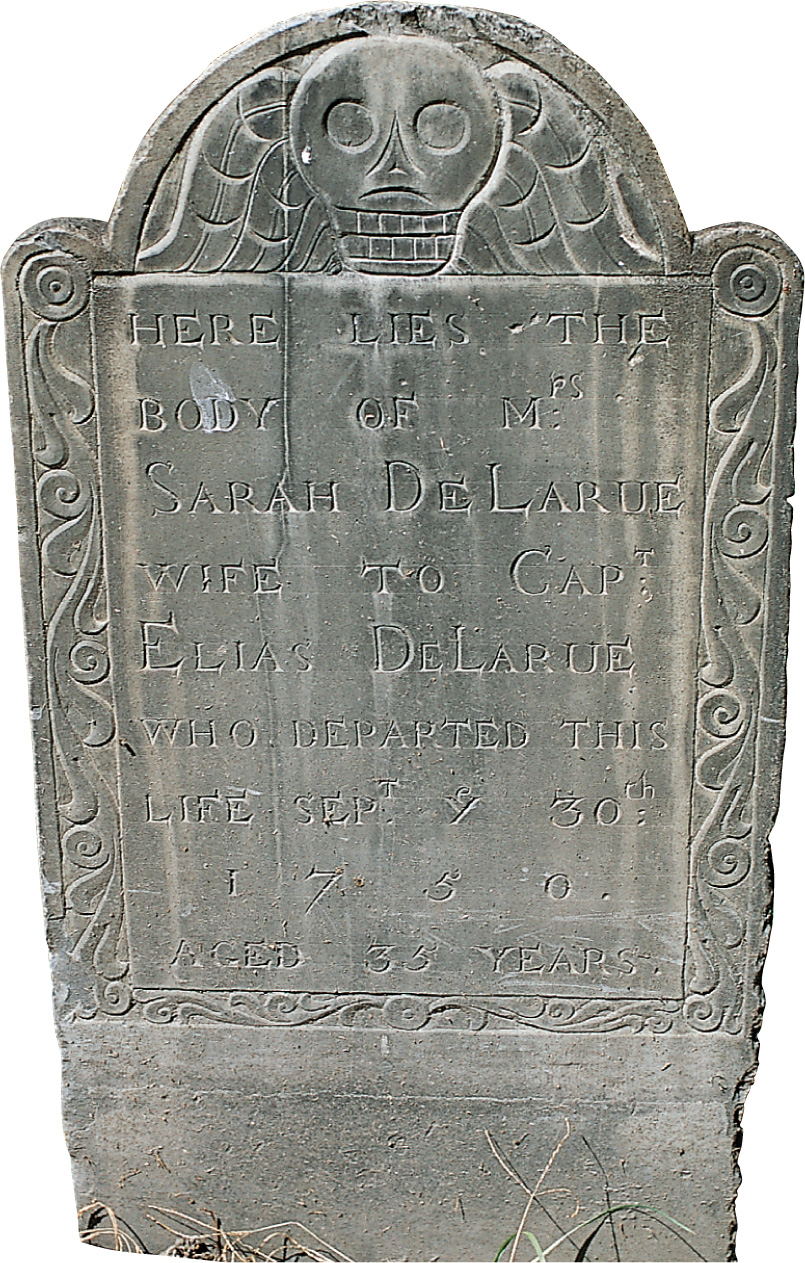 a gravestone from 1750 with a winged skull.