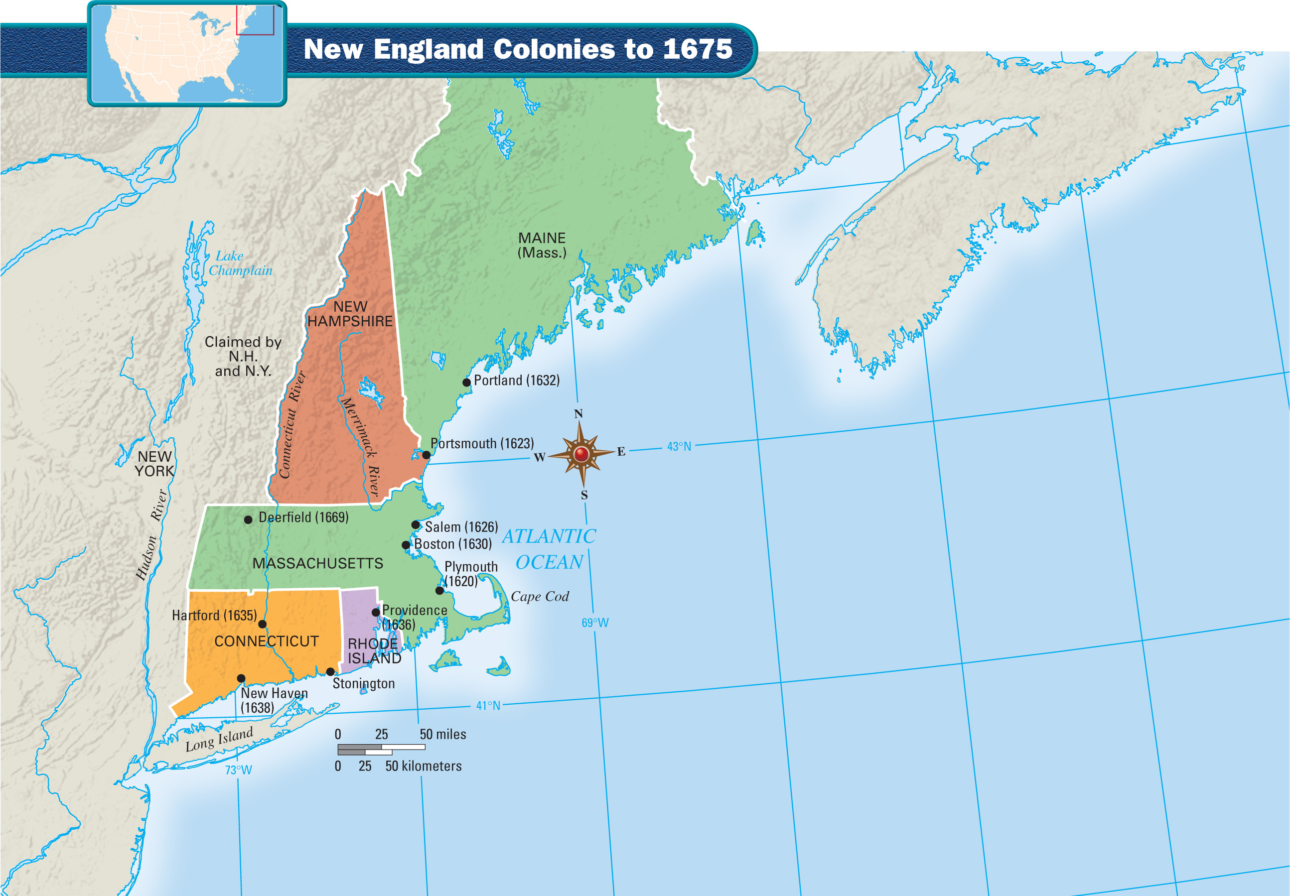 A map shows the New England Colonies to 1675. Maine is part of Massachusetts, and Vermont is claimed by New York and New Hampshire.