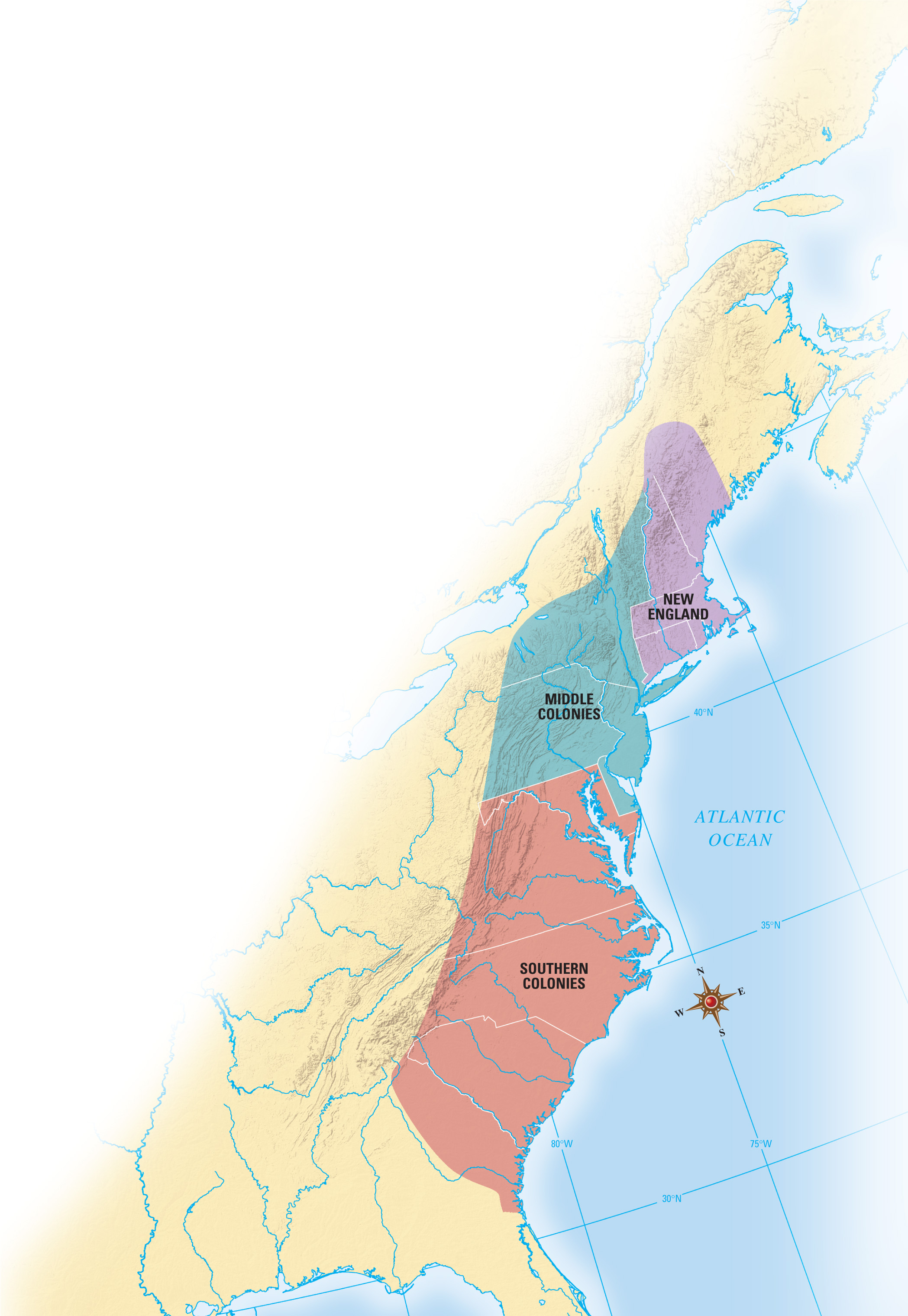 A map shows New England, the Middle Colonies, and the Southern colonies.