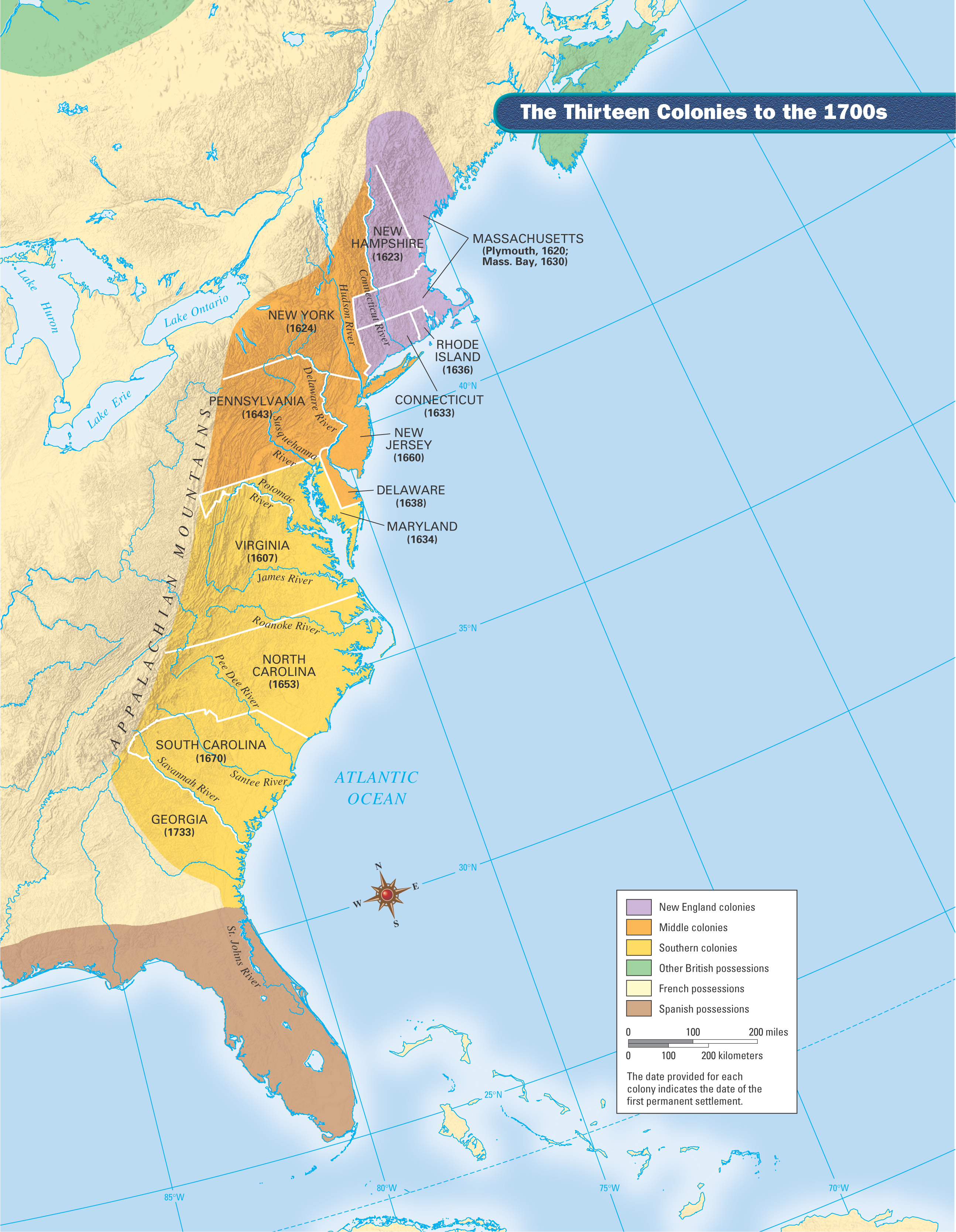 A map: the Thirteen Colonies to the 1700s