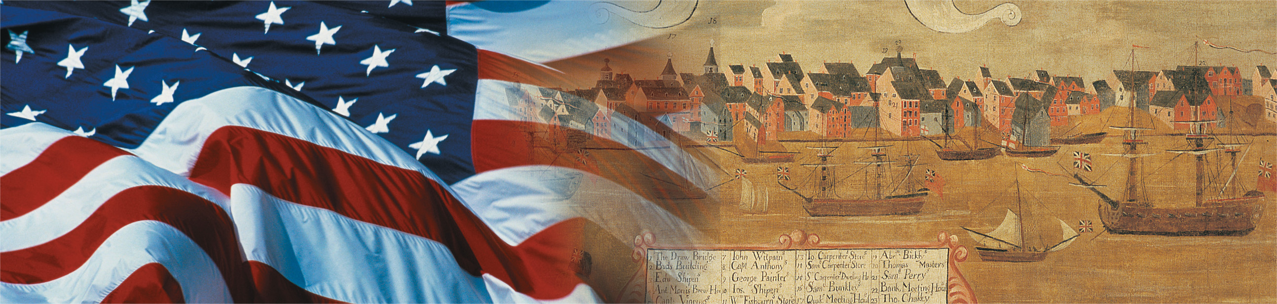 Banner: a billowing American flag and a painting of British sailing ships in a harbor.