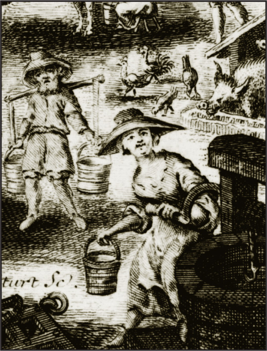 A black-and-white illustration shows a woman filling a bucket from a well.