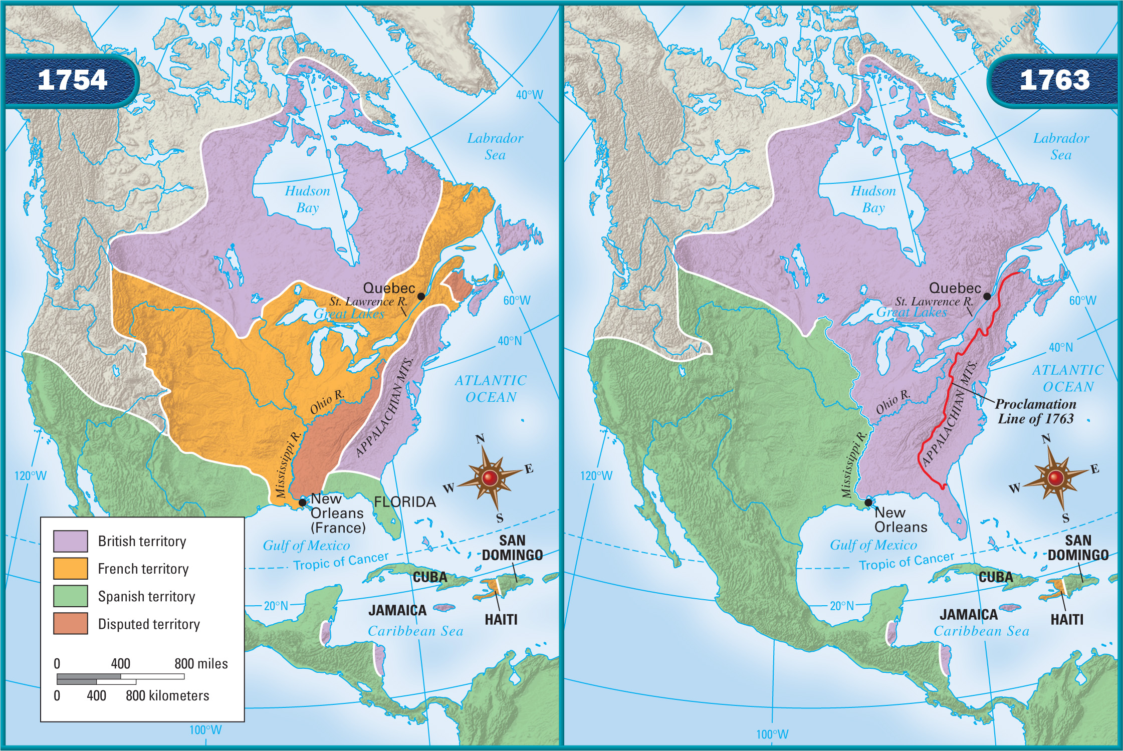 Maps from 1754 and 1763 show changes in which European nations controlled regions of North America.