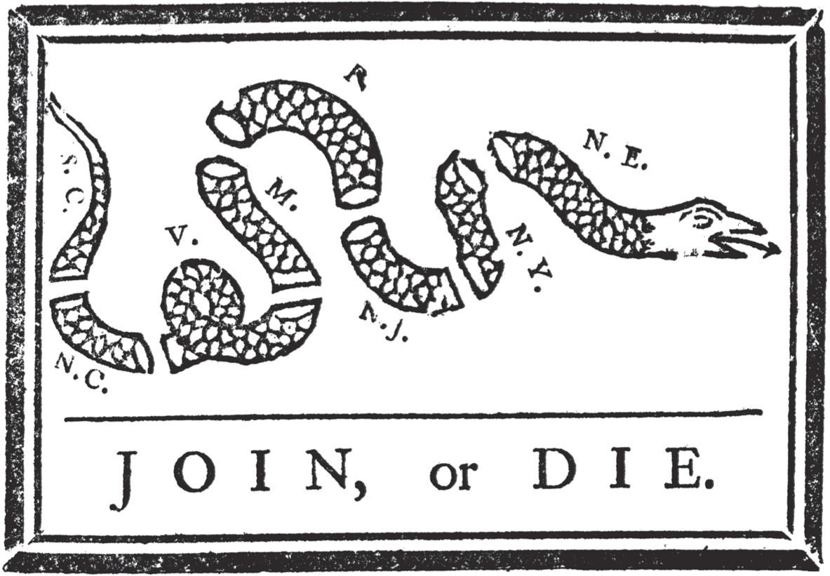 A cartoon shows a snake chopped into 8 sections, one representing New England and the rest representing the other colonies. A title: Join or Die.