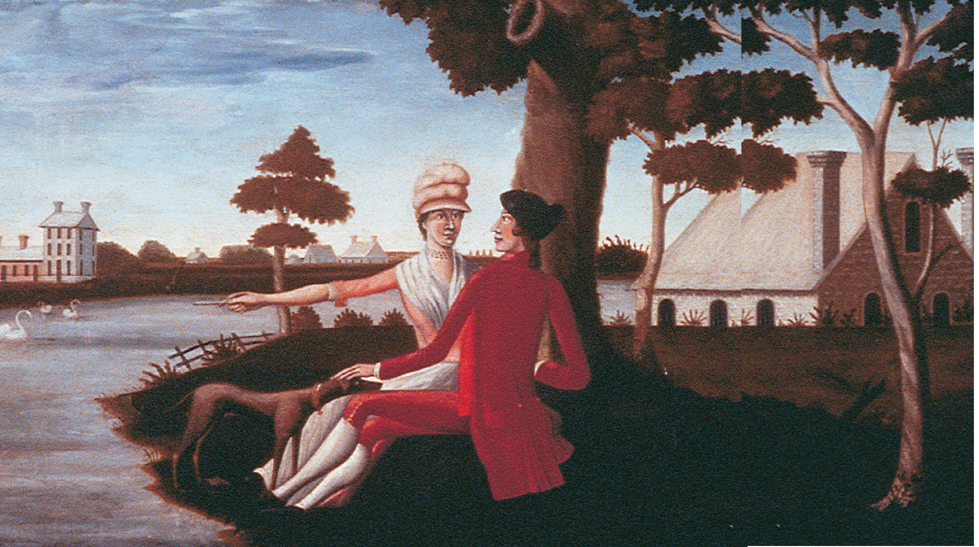 painting: a couple sits together under a tree.