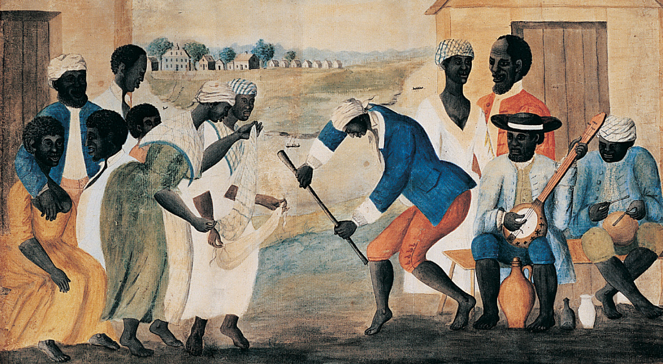 painting: a crowd of slaves looks on as a man holds a broomstick, while a woman prepares to jump over it.