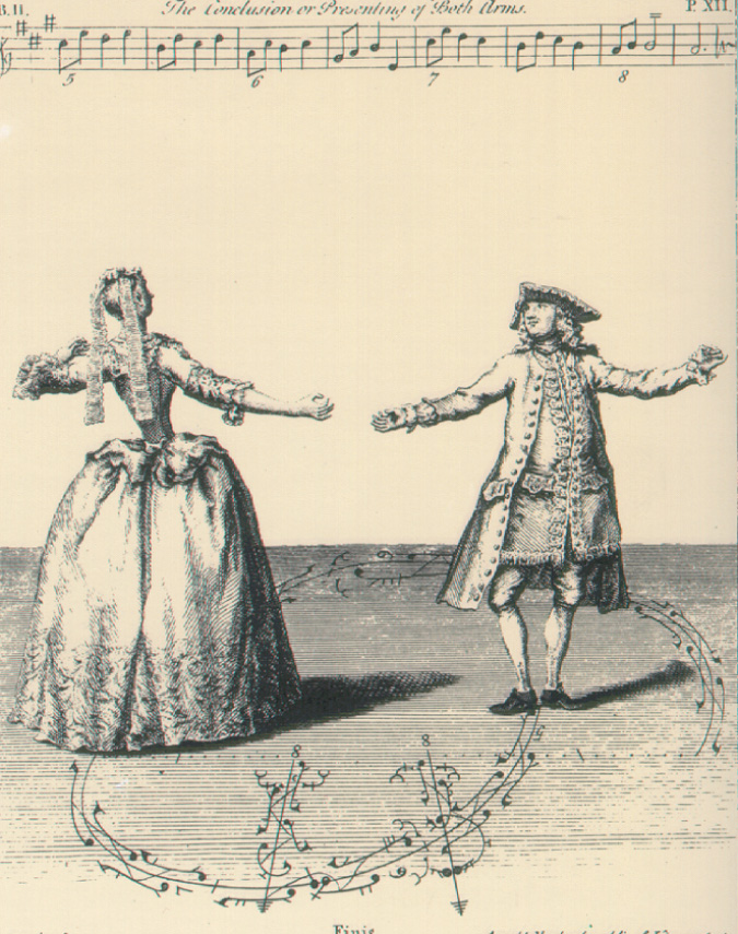 drawing: A couple dances with their arms wide.